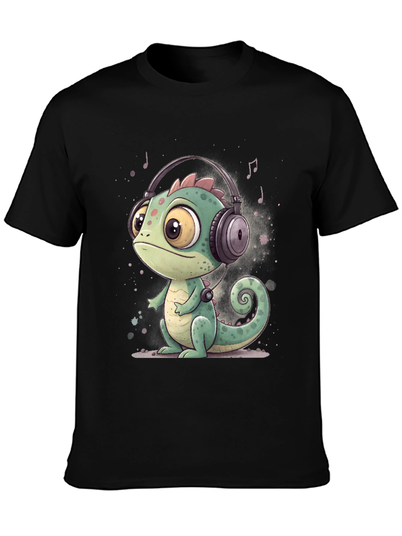 Black Cartoon Chameleon T-Shirt with Headphones view 3
