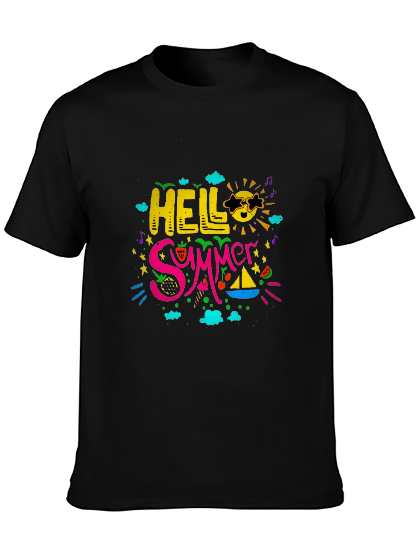 Black Hello Summer Graphic Print Black T-Shirt view 3