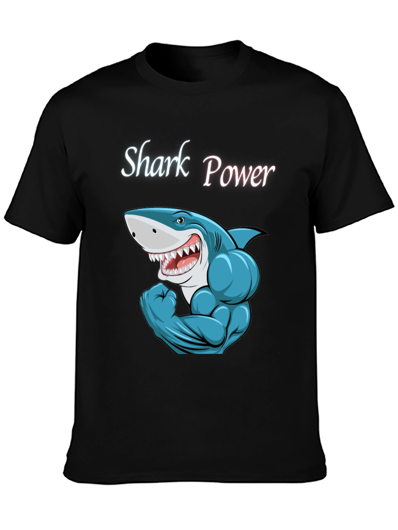 Black Shark Power Black T-Shirt - Muscular Cartoon Shark Design view 3