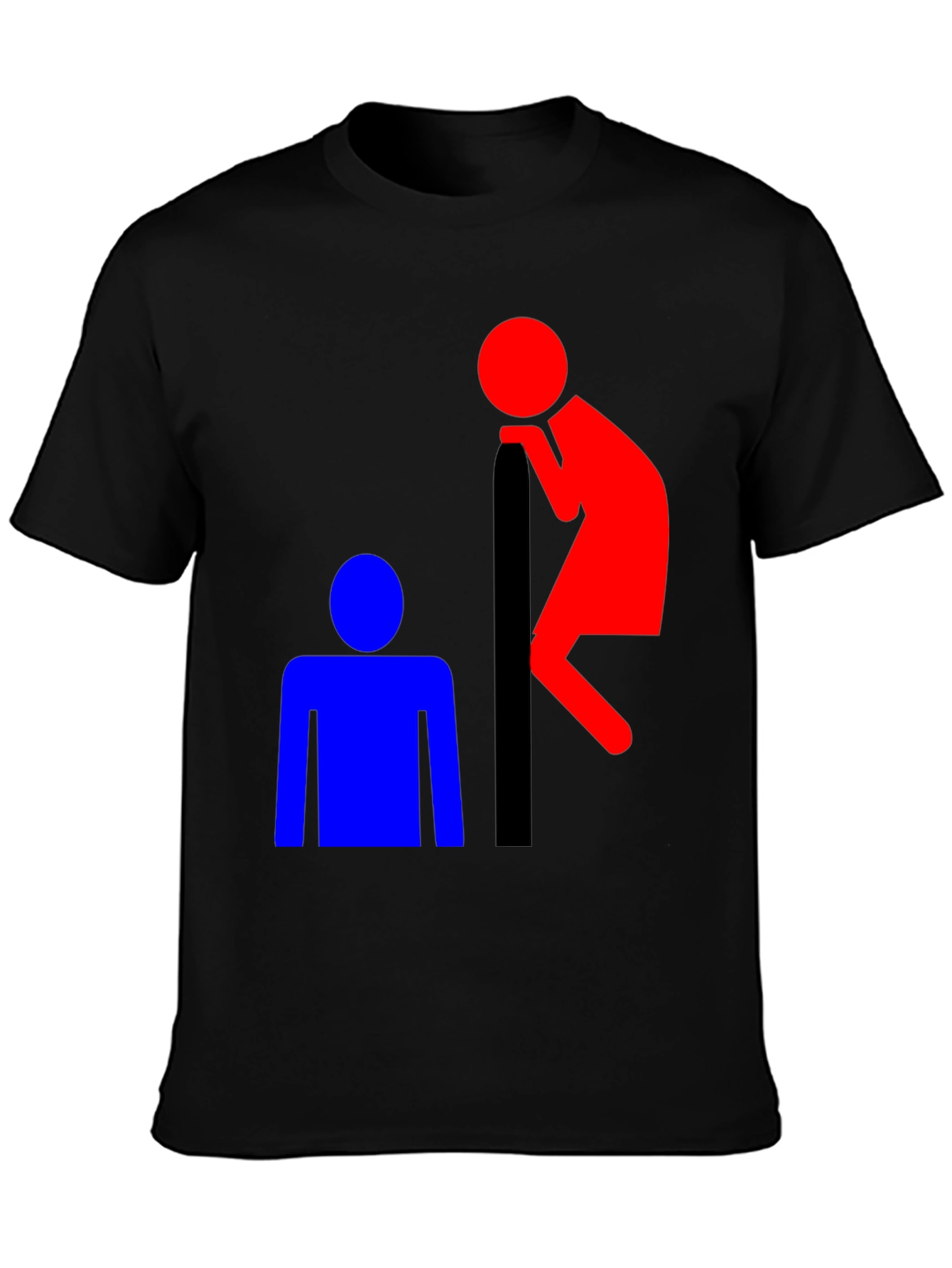 Black Funny T-Shirt: Red Peeping Tom and Blue Figure view 3