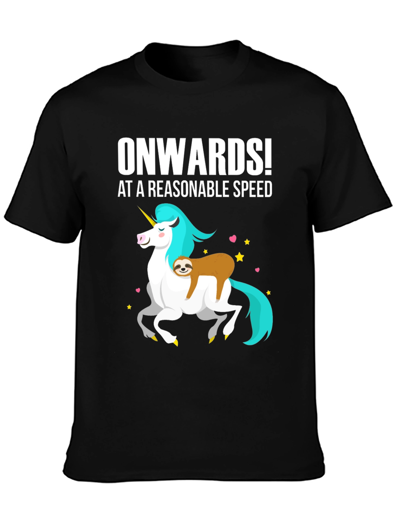 Black Onwards! Sloth Riding Unicorn Graphic Tee view 3