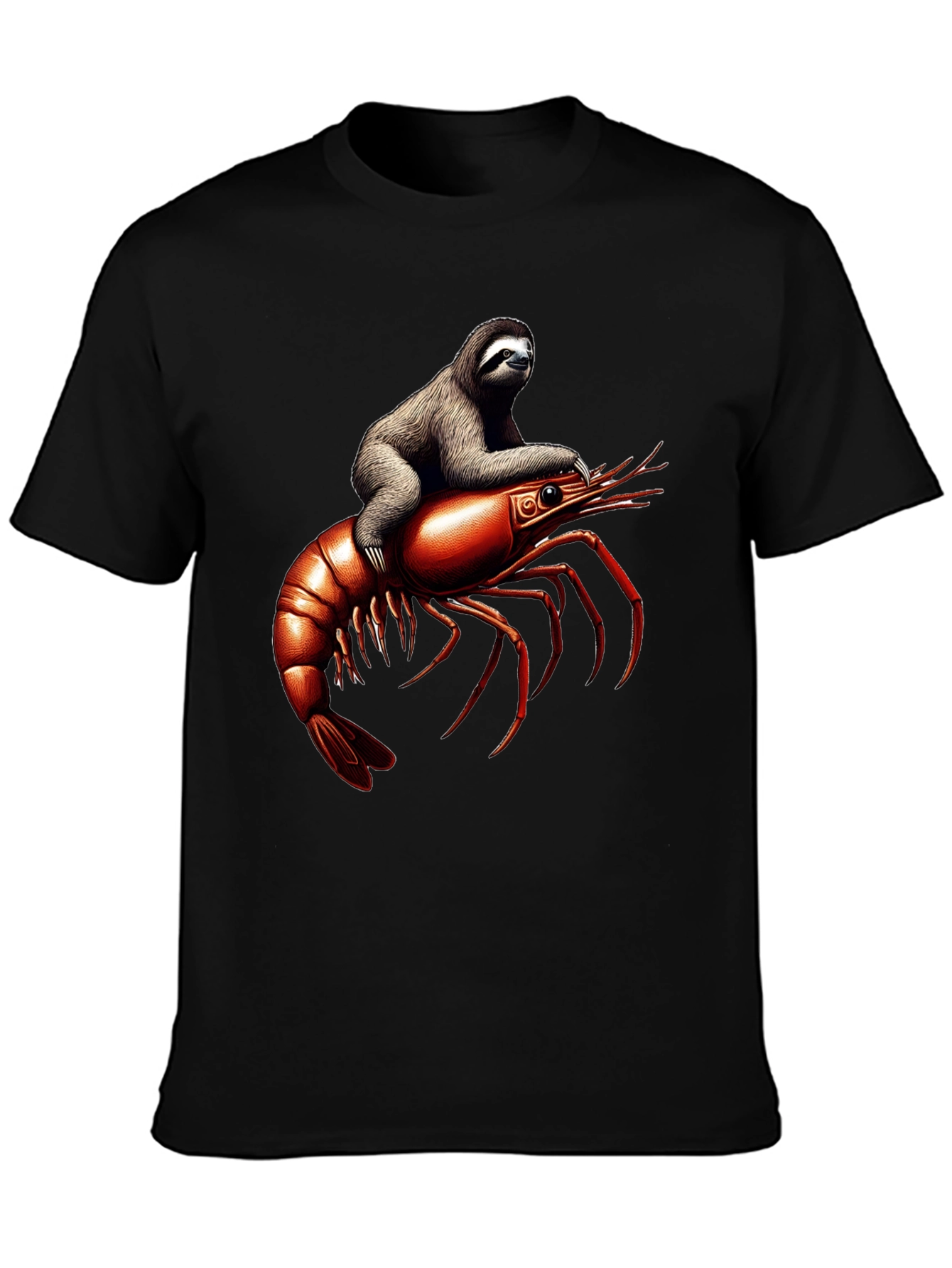 Black Sloth Riding Shrimp T-Shirt view 3