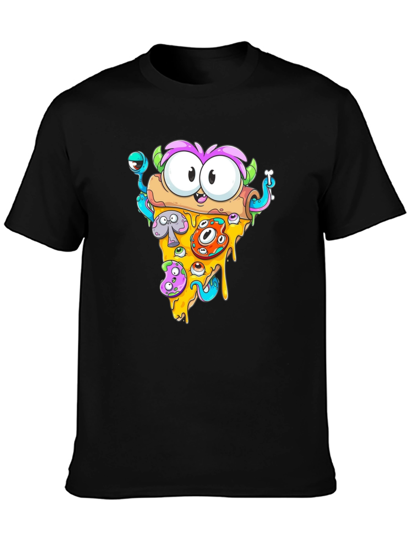 Black Pizza Monster Graphic Tee - Quirky Black T-Shirt view 3