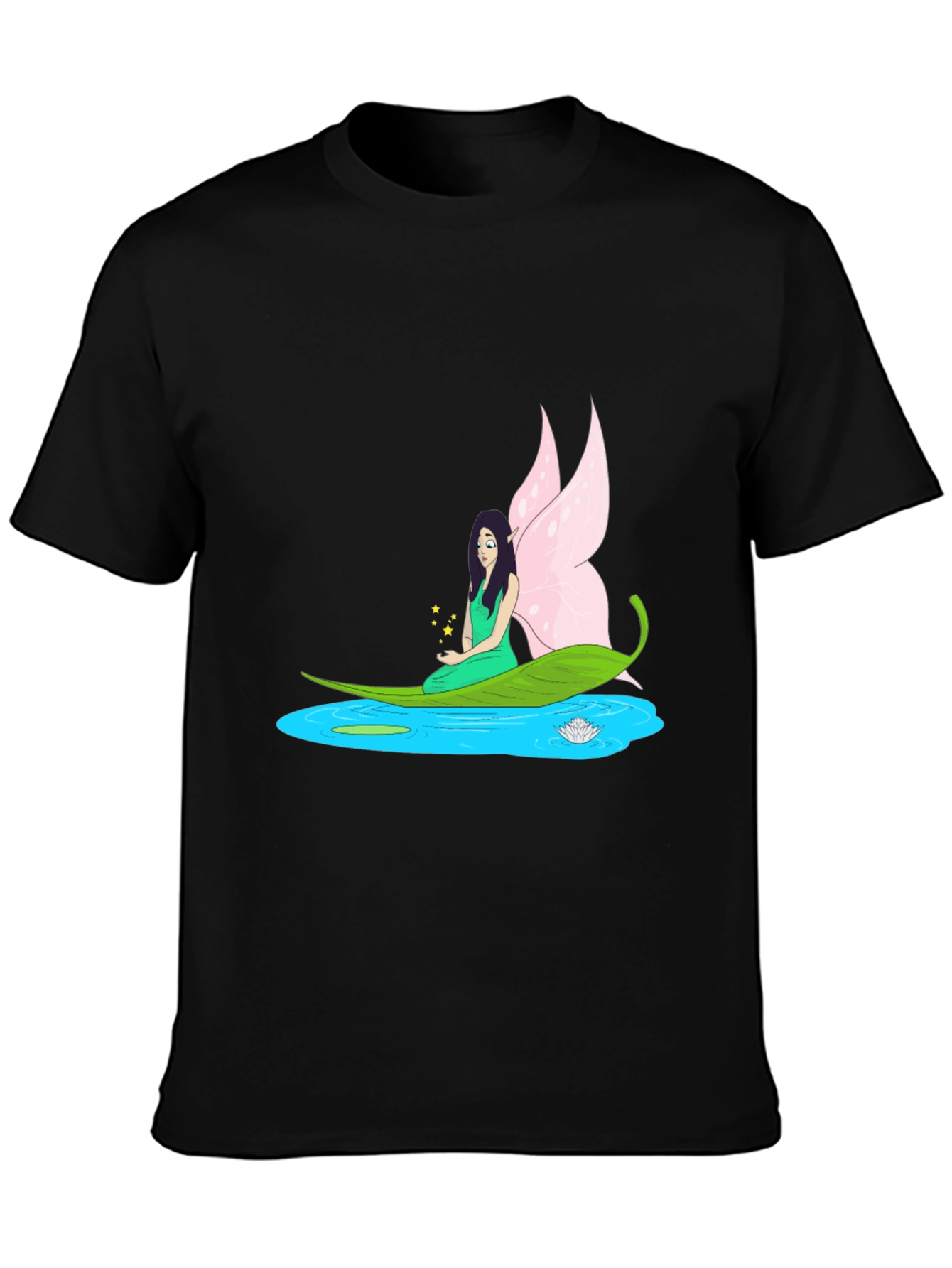 Black Fairy Water Lily Leaf Boat Black T-Shirt view 3