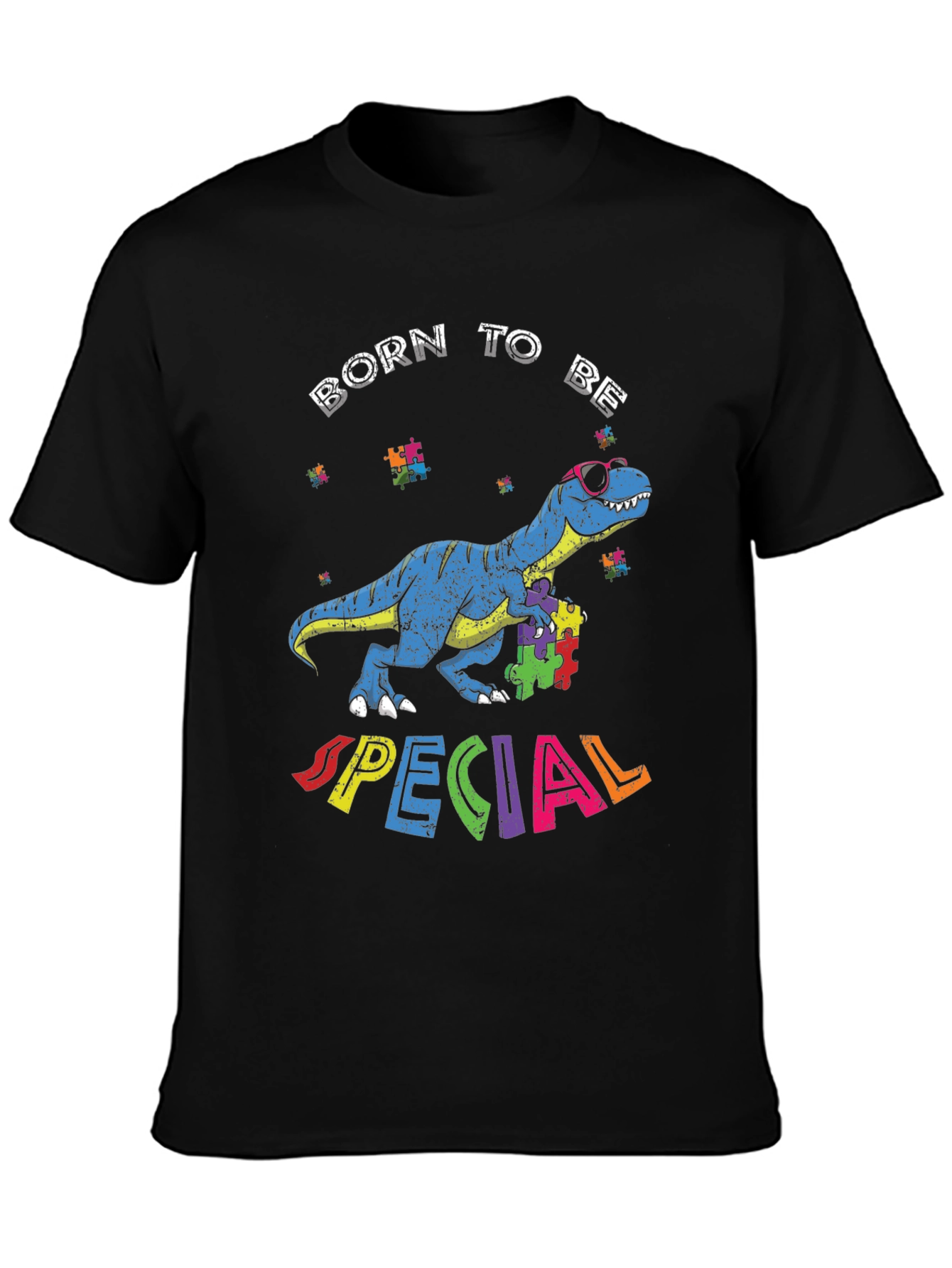 Black Born to Be Special Autism Awareness Dinosaur T-Shirt view 3