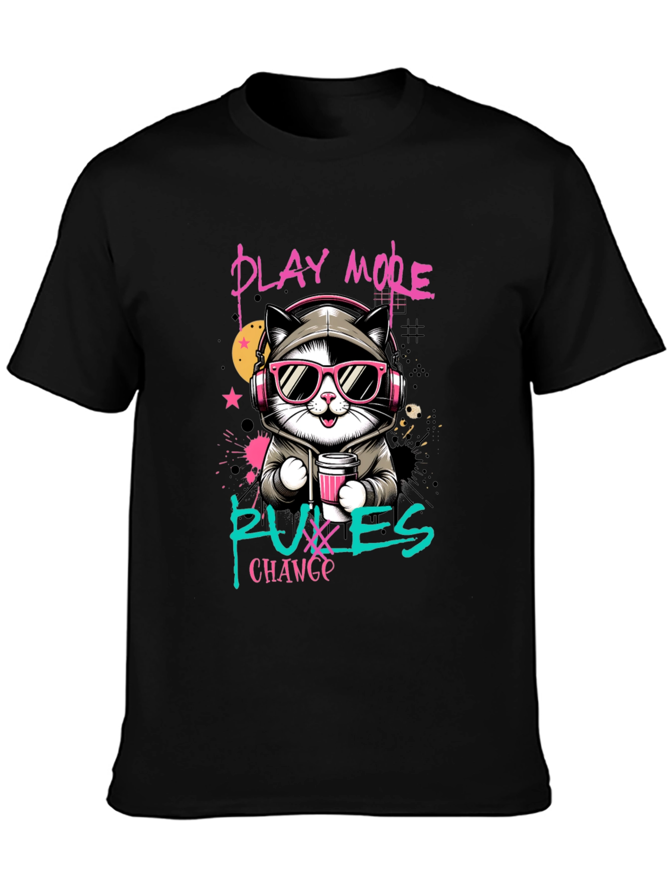 Black Play More, Puxxes Change T-Shirt - Cool Cat Design view 3