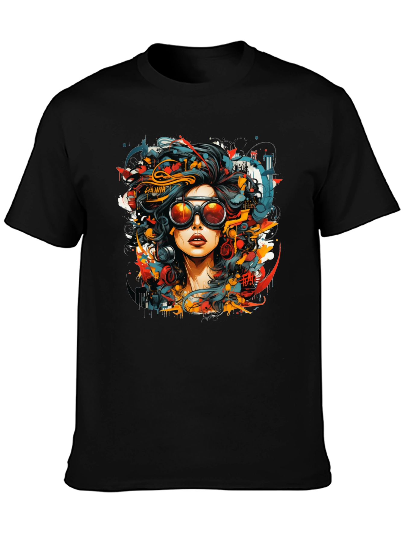 Black Abstract Woman Graphic Tee - Black Cotton T-Shirt view 3