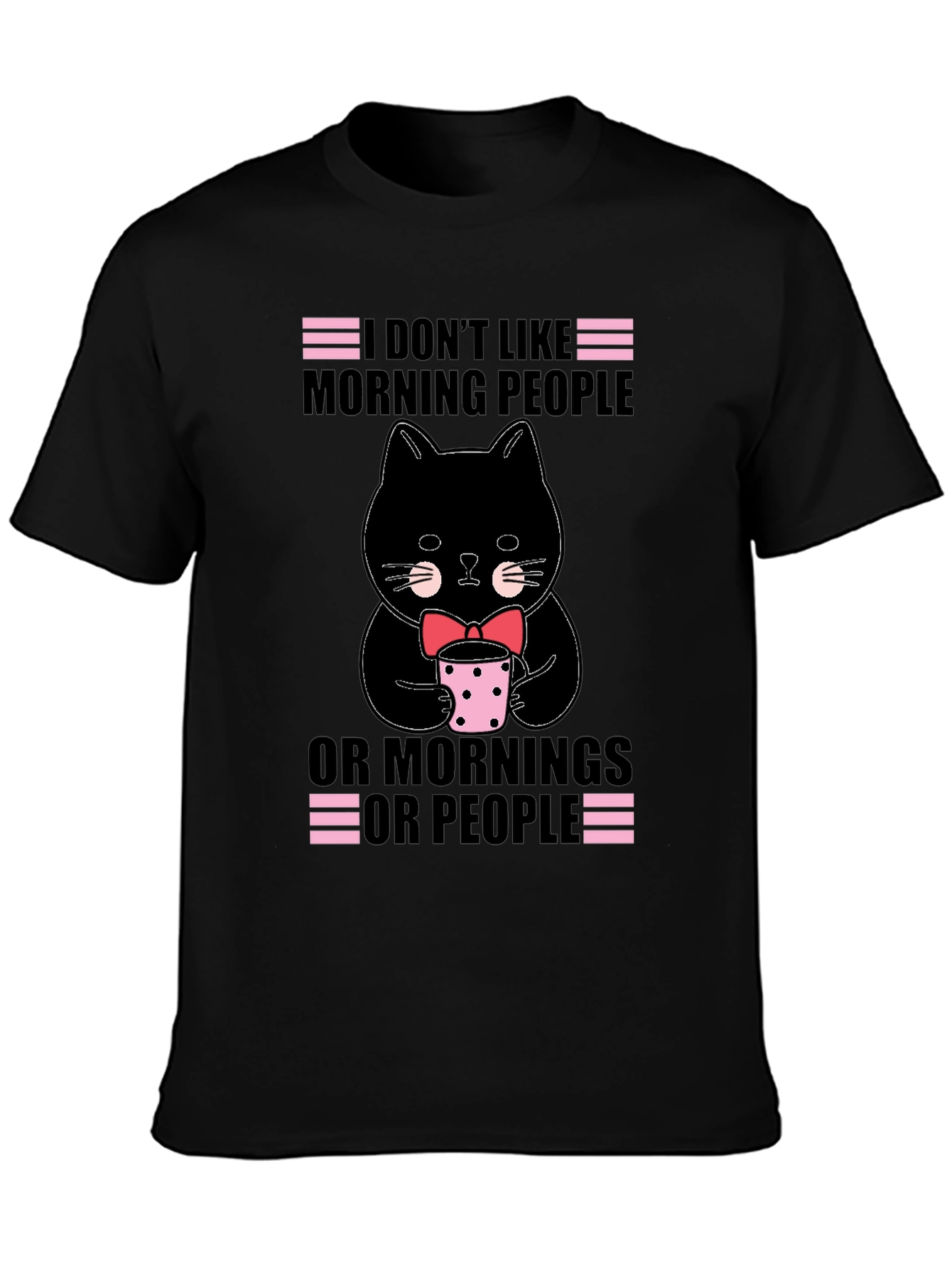 Black Funny Cat T-Shirt - I Don't Like Morning People view 3