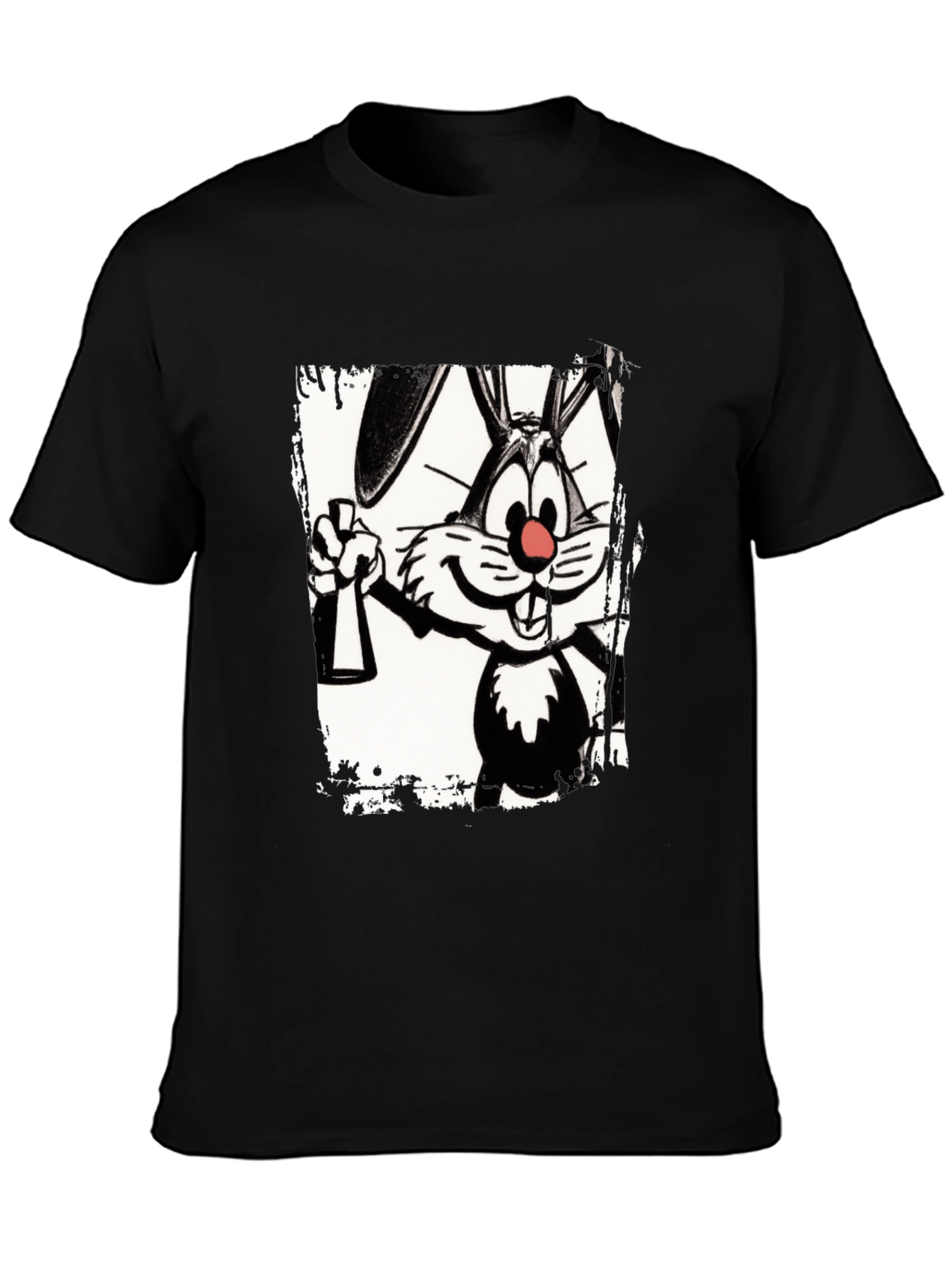 Black Cartoon Rabbit Graphic Black T-Shirt view 3