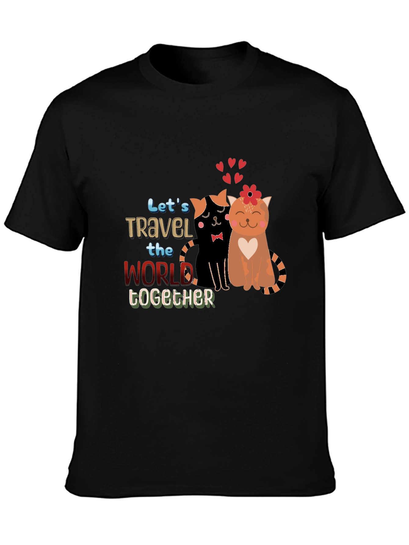 Black Cute Couple Cats Travel Together Graphic Black T-Shirt view 3