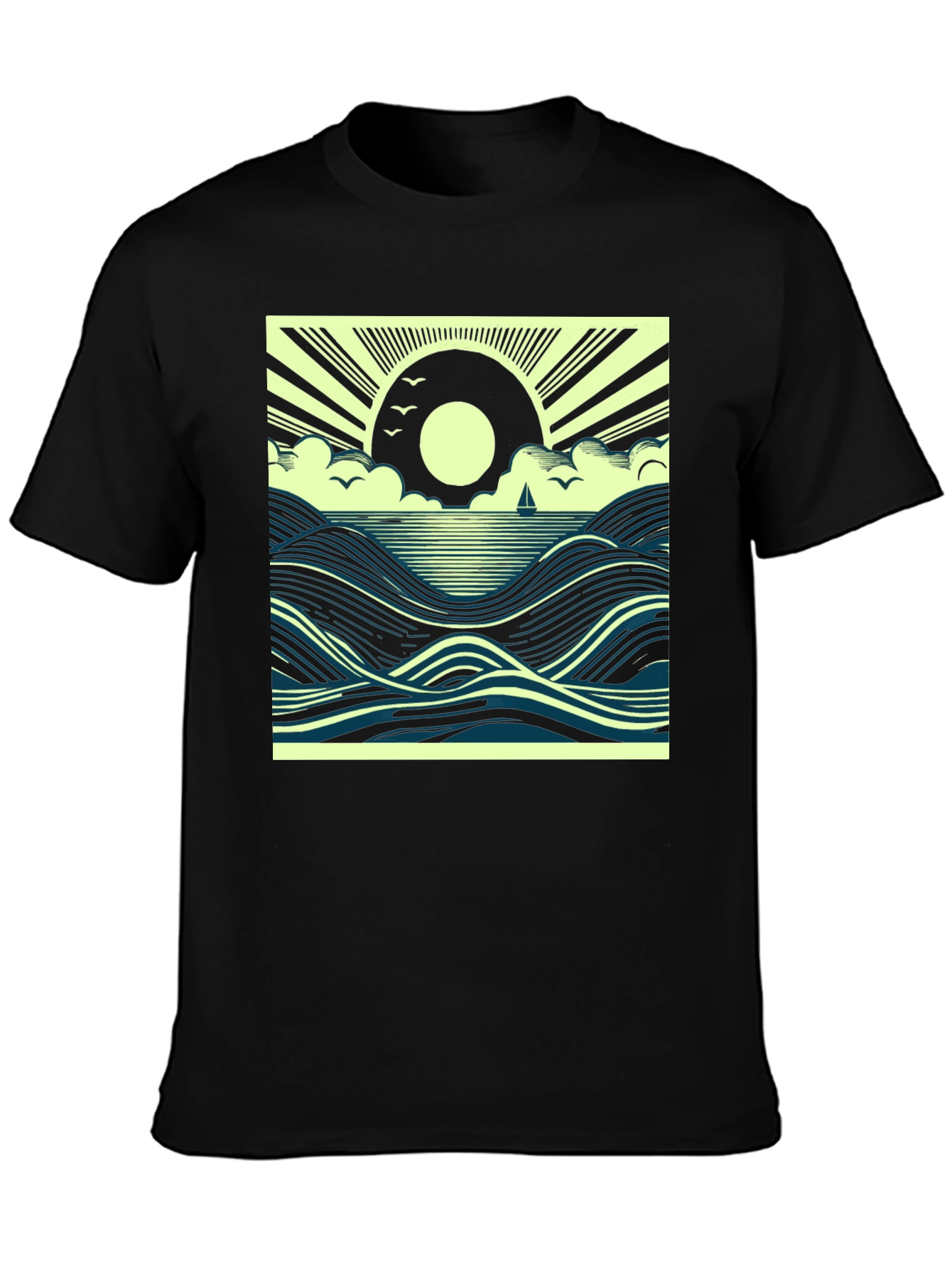 Black Ocean Sunrise Graphic Tee - Black Cotton T-Shirt view 3