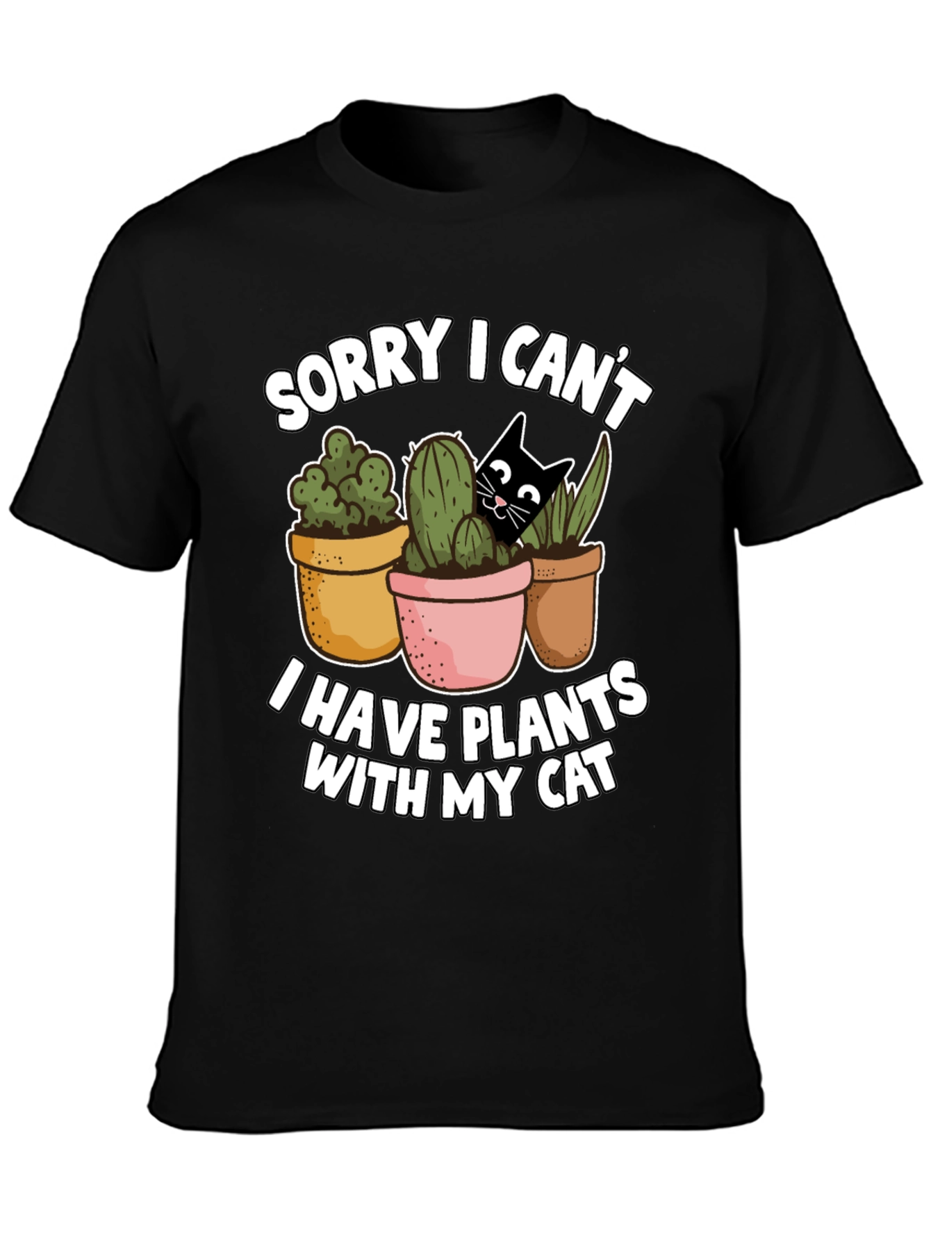 Black Funny Plants and Cat Graphic T-Shirt view 3