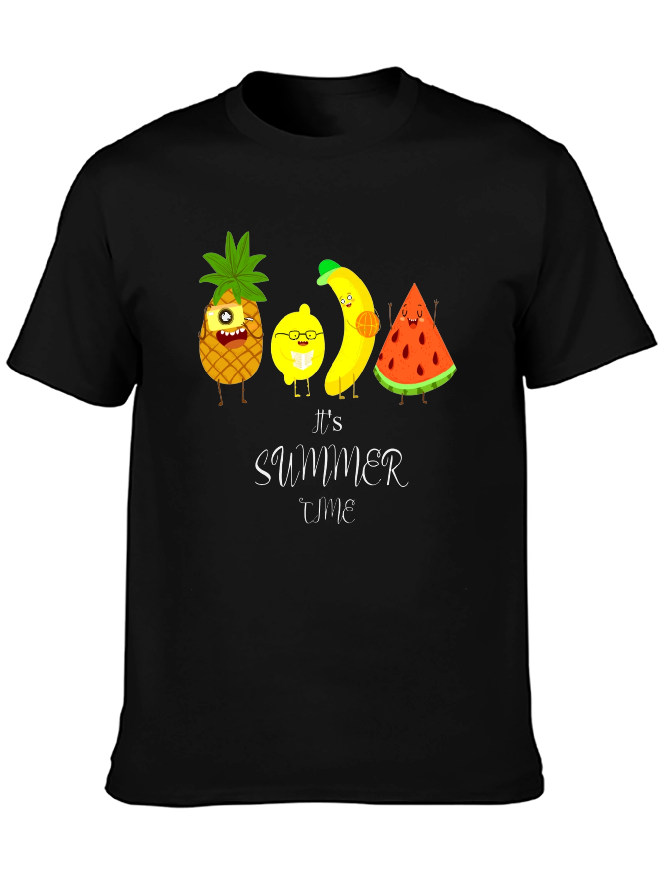 Black It's Summer Time Fruit Cartoon T-Shirt view 3