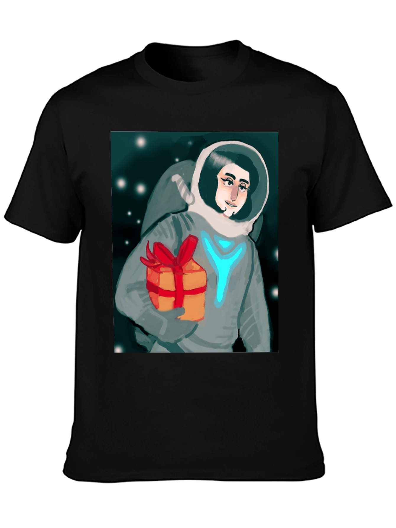 Black Astronaut with Gift Graphic Tee - Black Cotton T-Shirt view 3