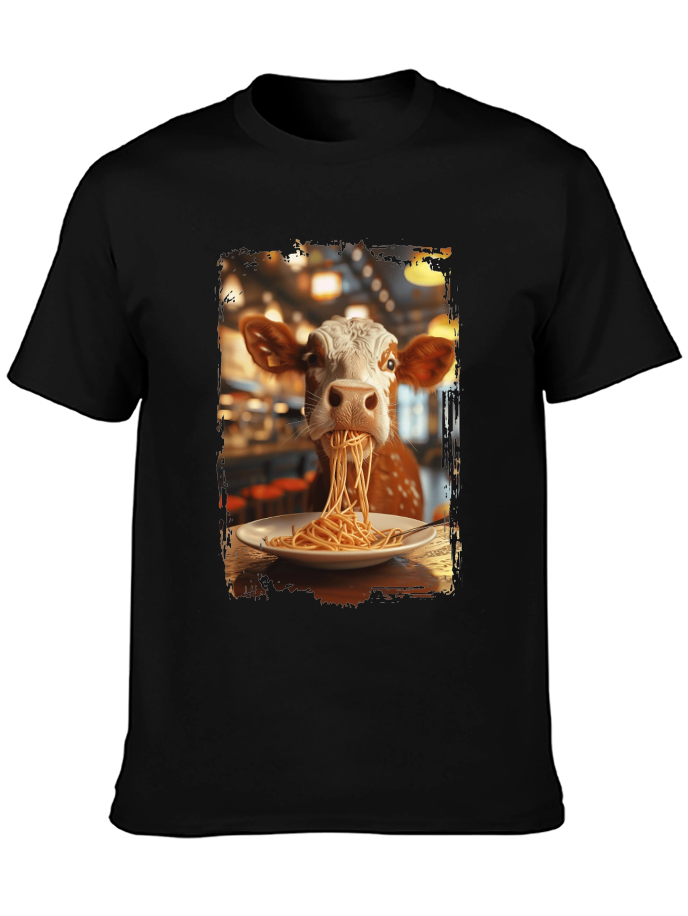 Black Cow Eating Spaghetti Graphic T-Shirt view 3