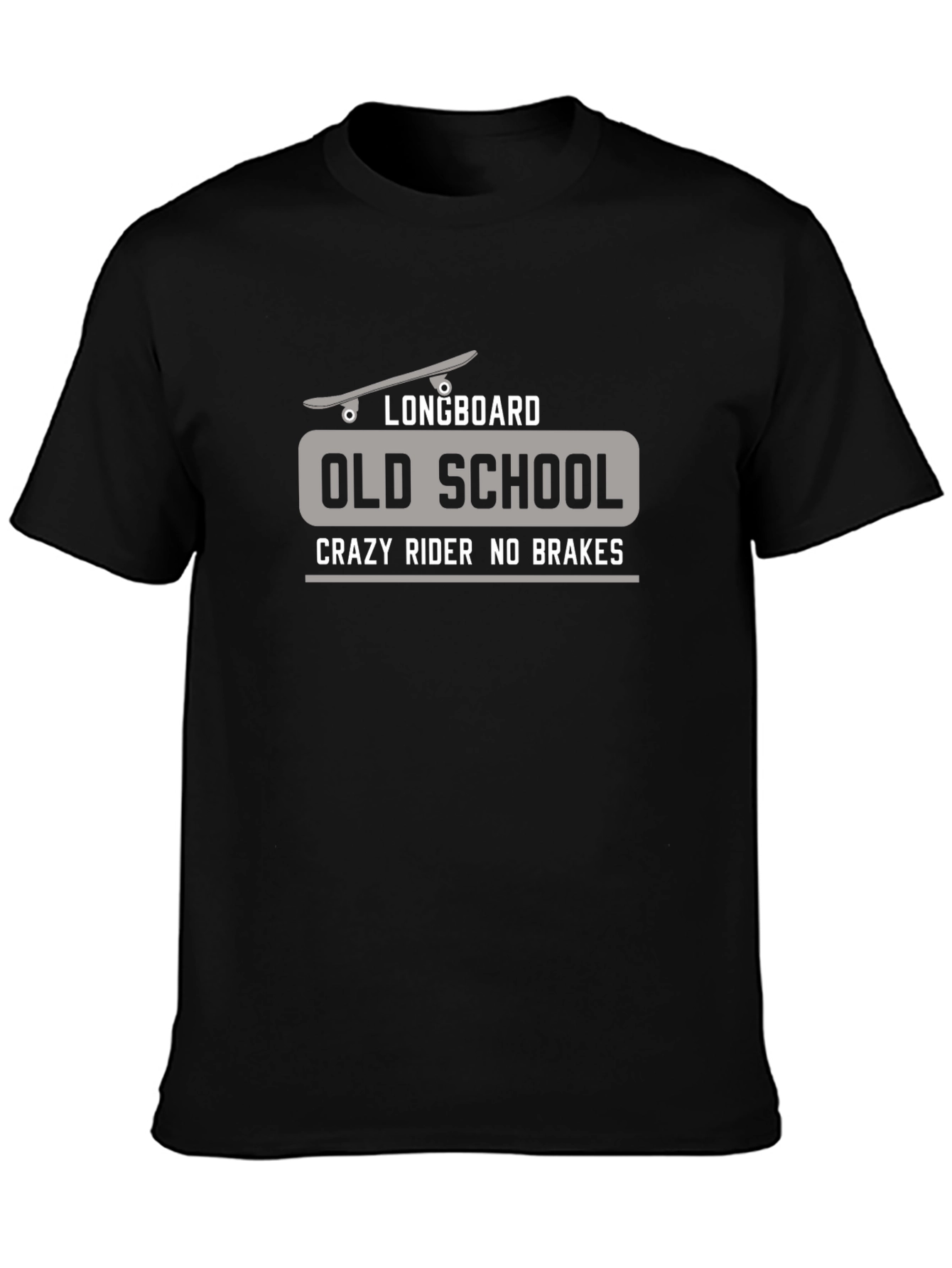 Black Old School Longboarder Graphic T-Shirt - Crazy Rider No Brakes view 3