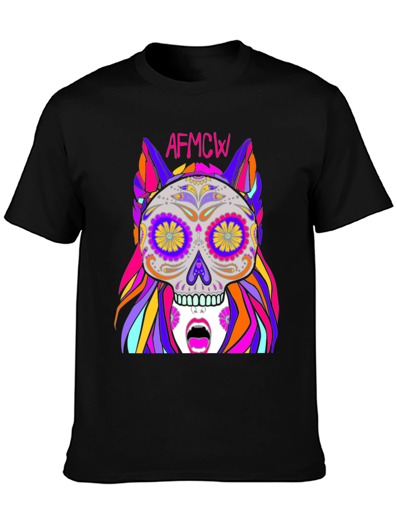 Black Colorful Sugar Skull Graphic Tee - Unique Design view 3