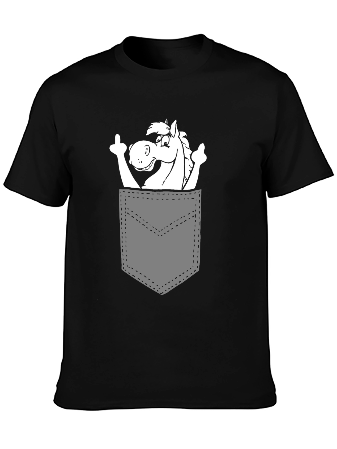 Black Horse in Pocket Graphic Tee - Quirky Black T-Shirt view 3