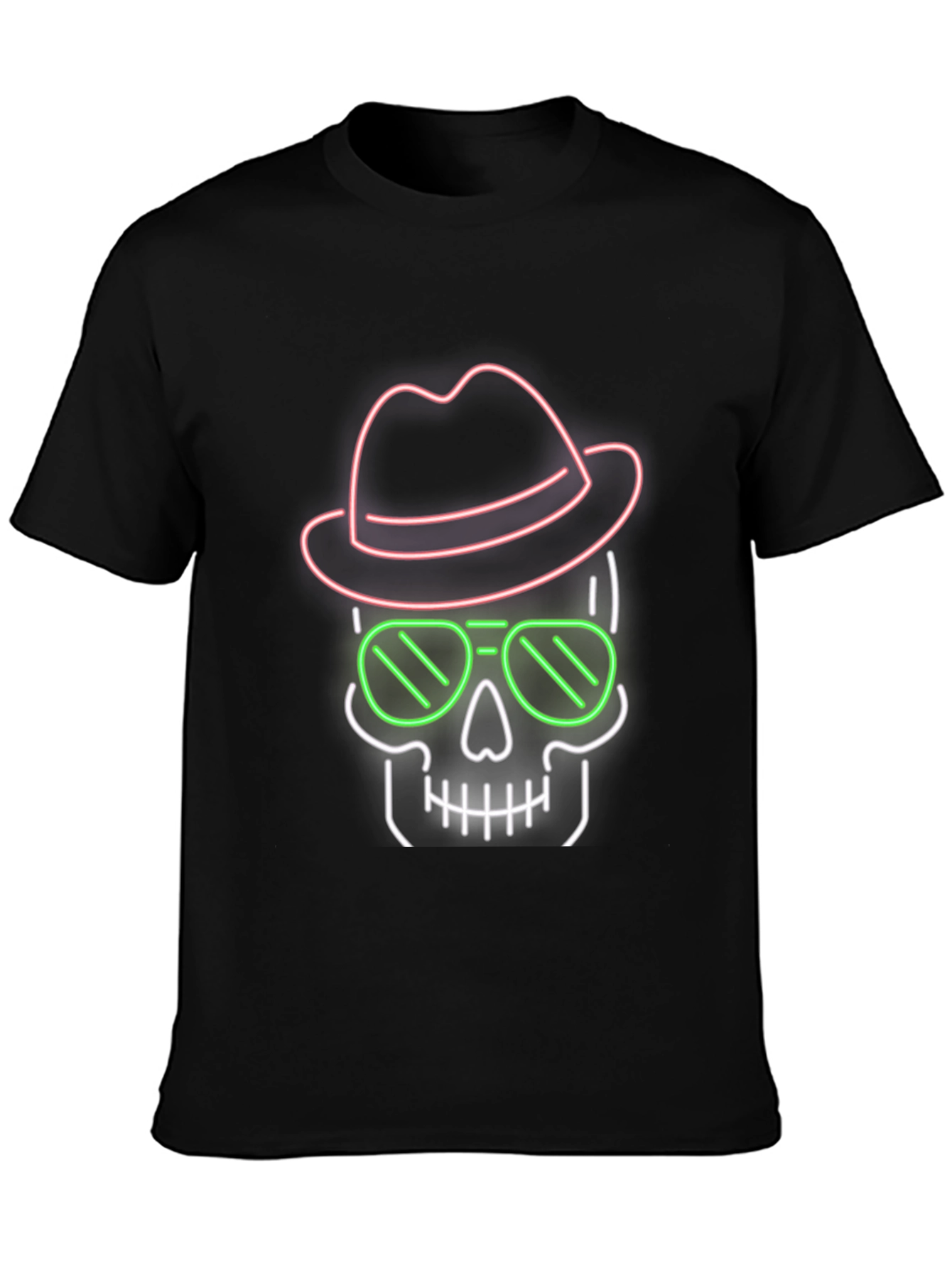 Black Neon Skull T-Shirt - Hat & Sunglasses Graphic Tee view 3