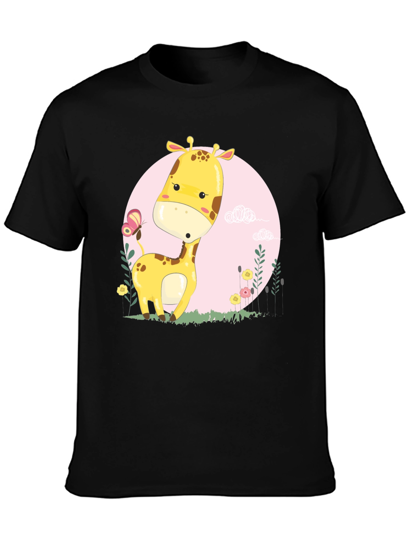 Black Cute Giraffe Cartoon Graphic Tee - Black view 3