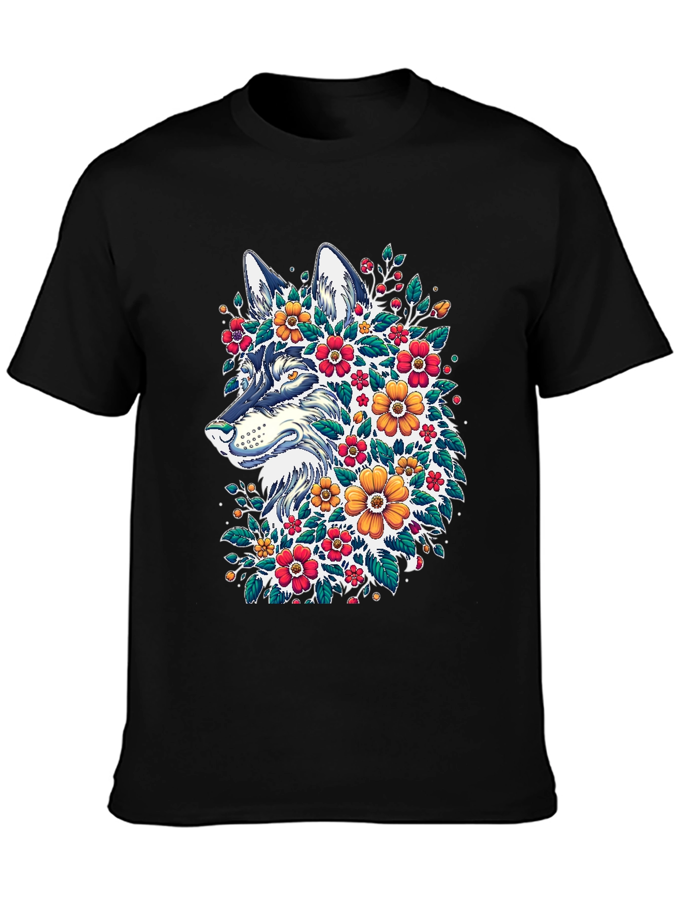 Black Floral Wolf T-Shirt - Artistic Graphic Tee view 3