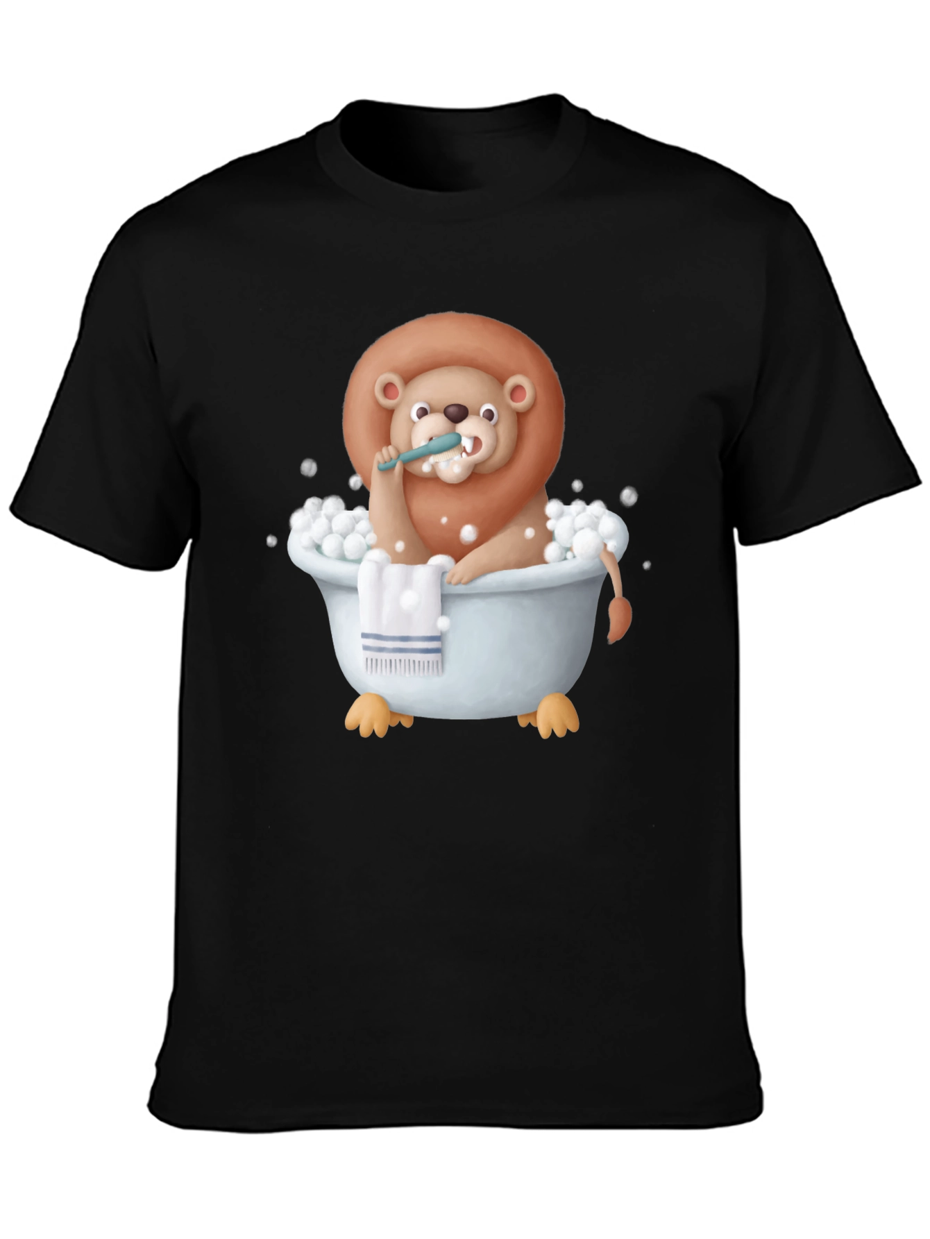 Black Funny Lion in Bathtub Graphic T-Shirt view 3