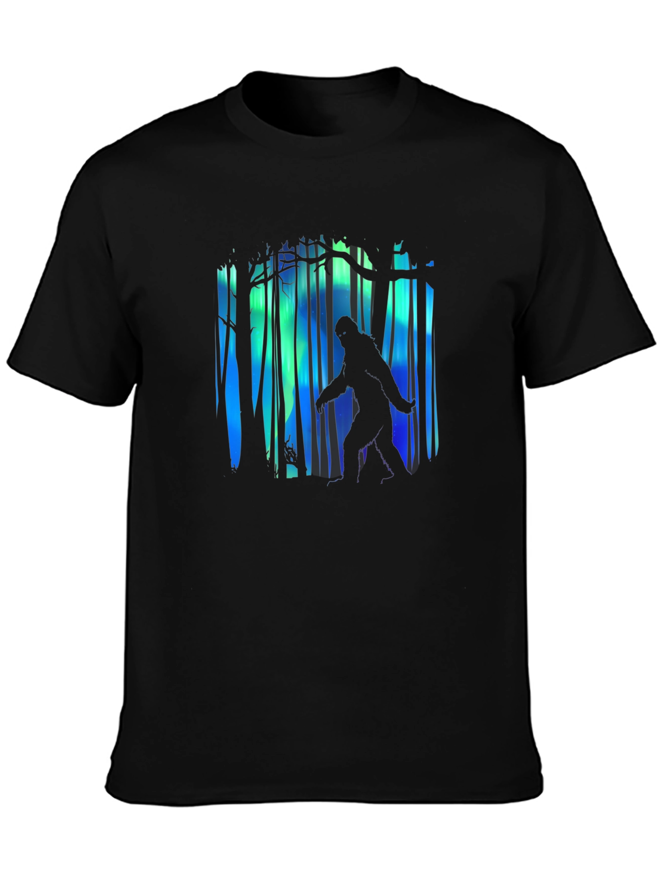 Black Bigfoot Aurora Borealis Men's Black T-Shirt view 3