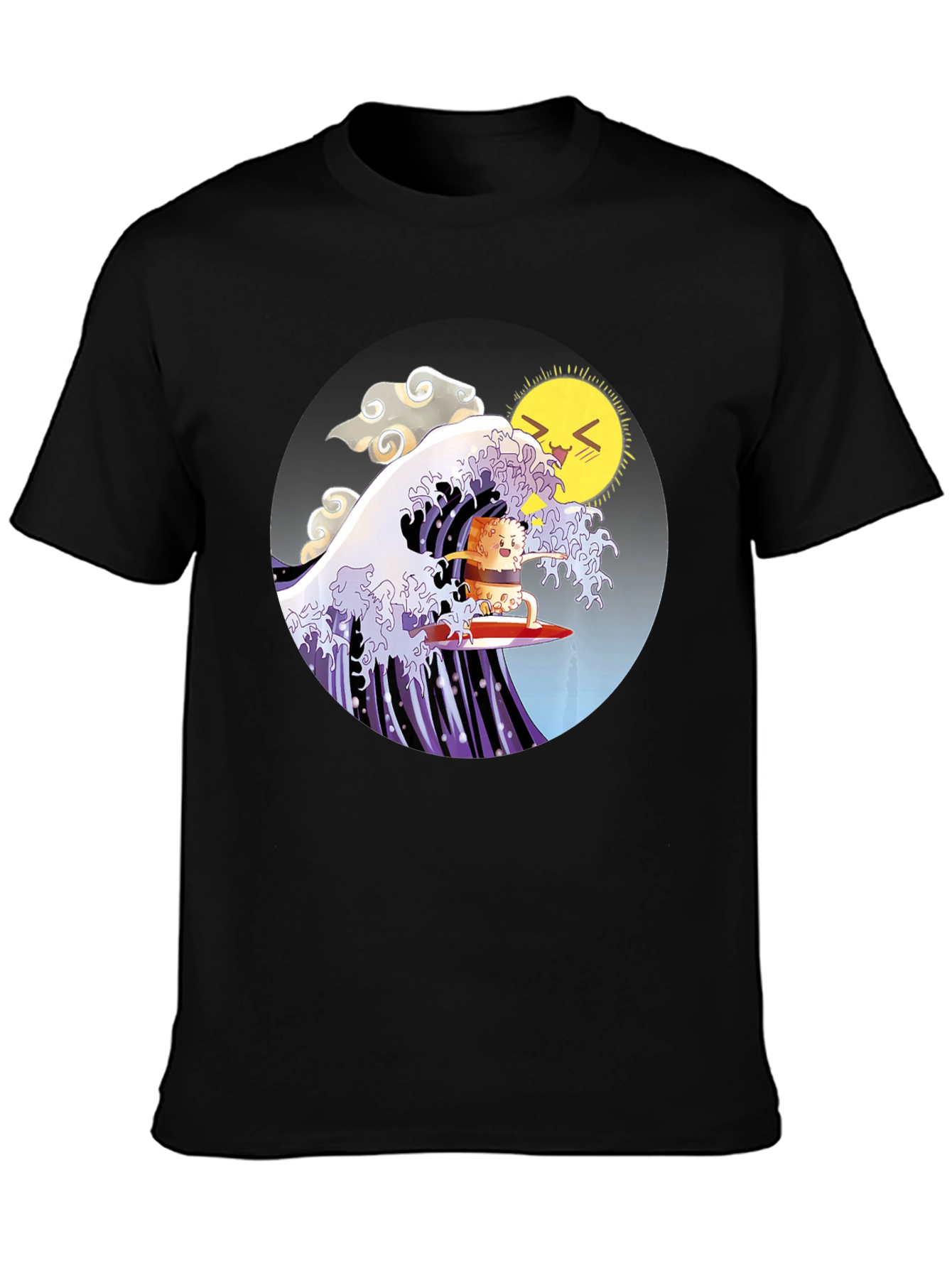 Black Sushi Surfer T-Shirt - Kawaii Wave Design view 3