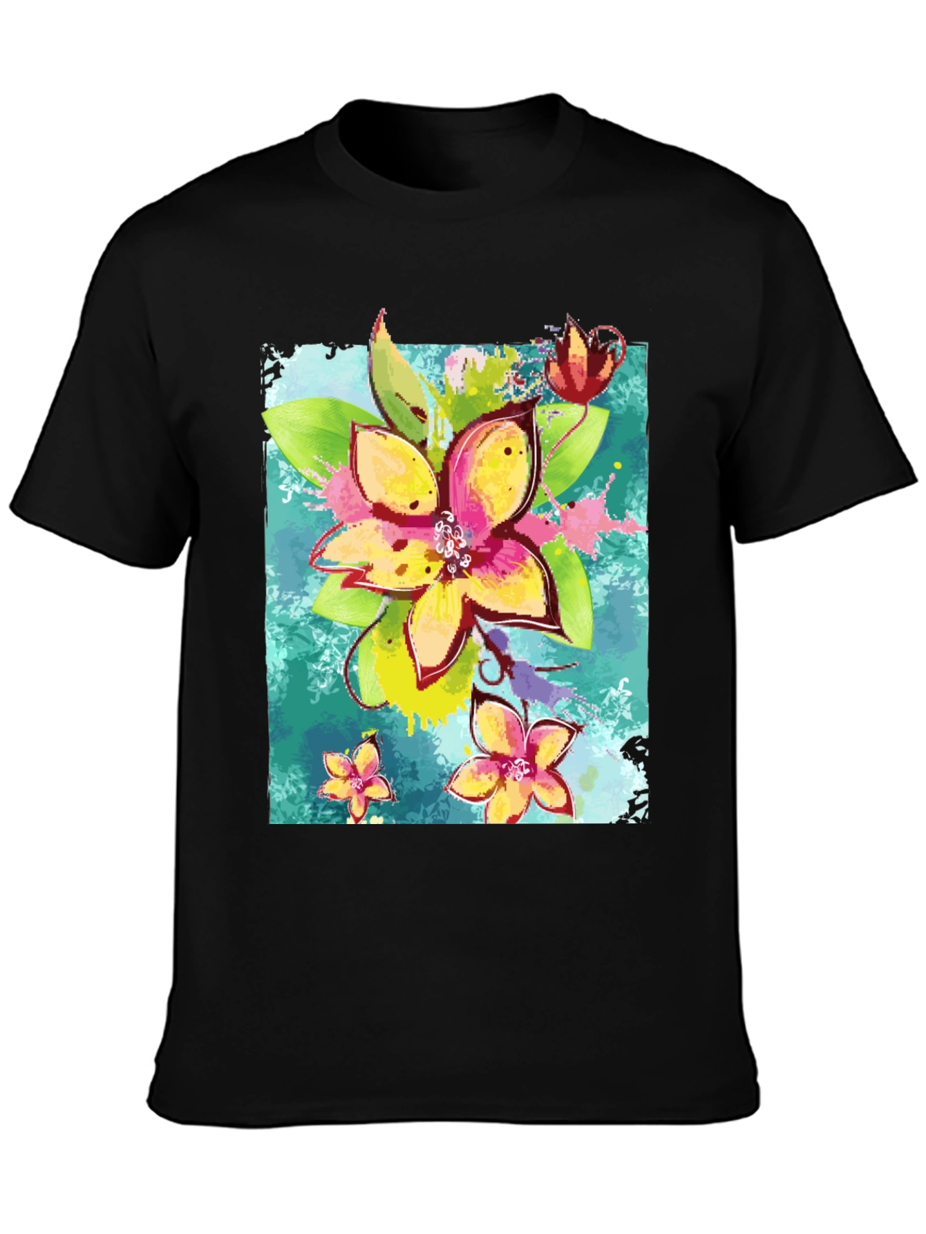 Black Floral Print Men's Black T-Shirt view 3
