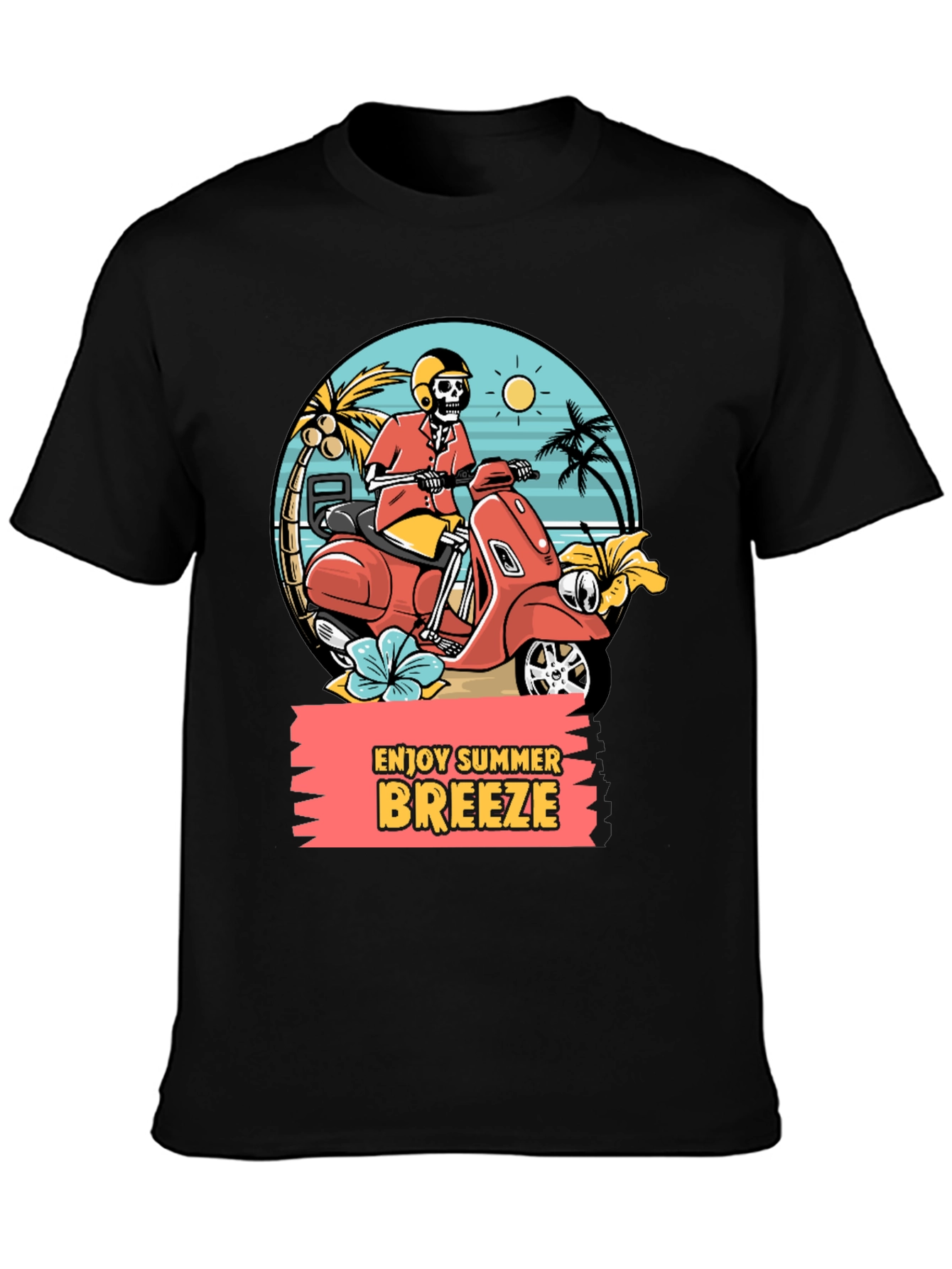 Black Summer Breeze Skeleton Scooter Graphic Tee view 3