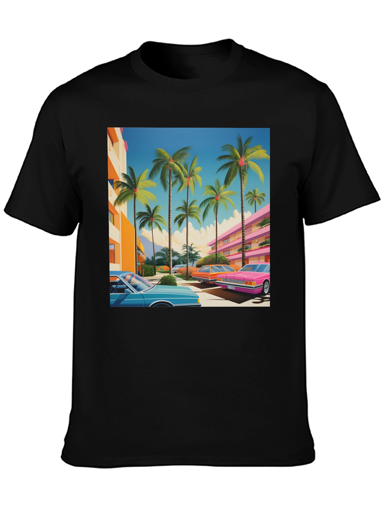 Black Retro Miami Palm Tree Cars T-Shirt view 3