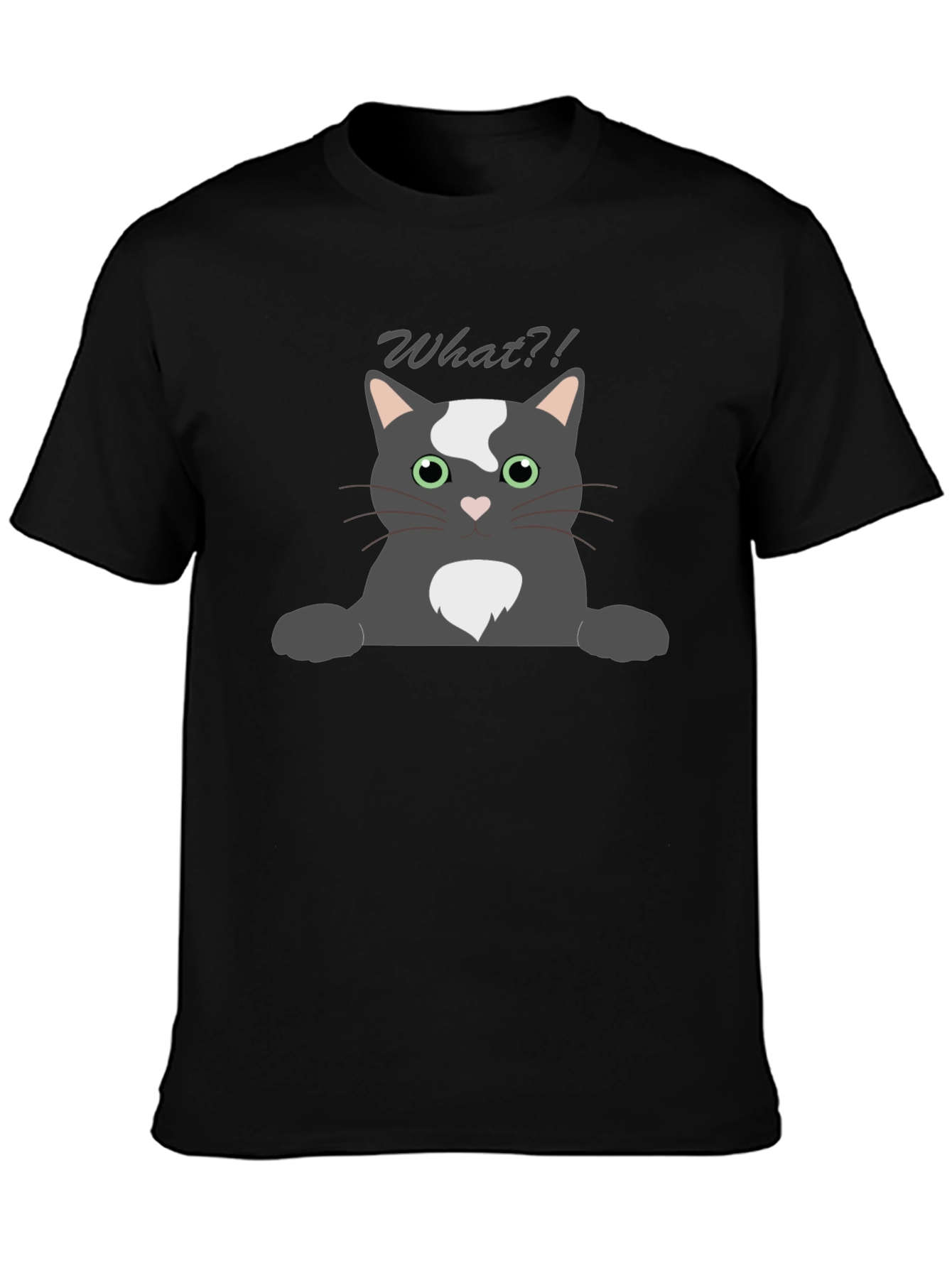 Black Funny "What?!" Cat Graphic T-Shirt view 3