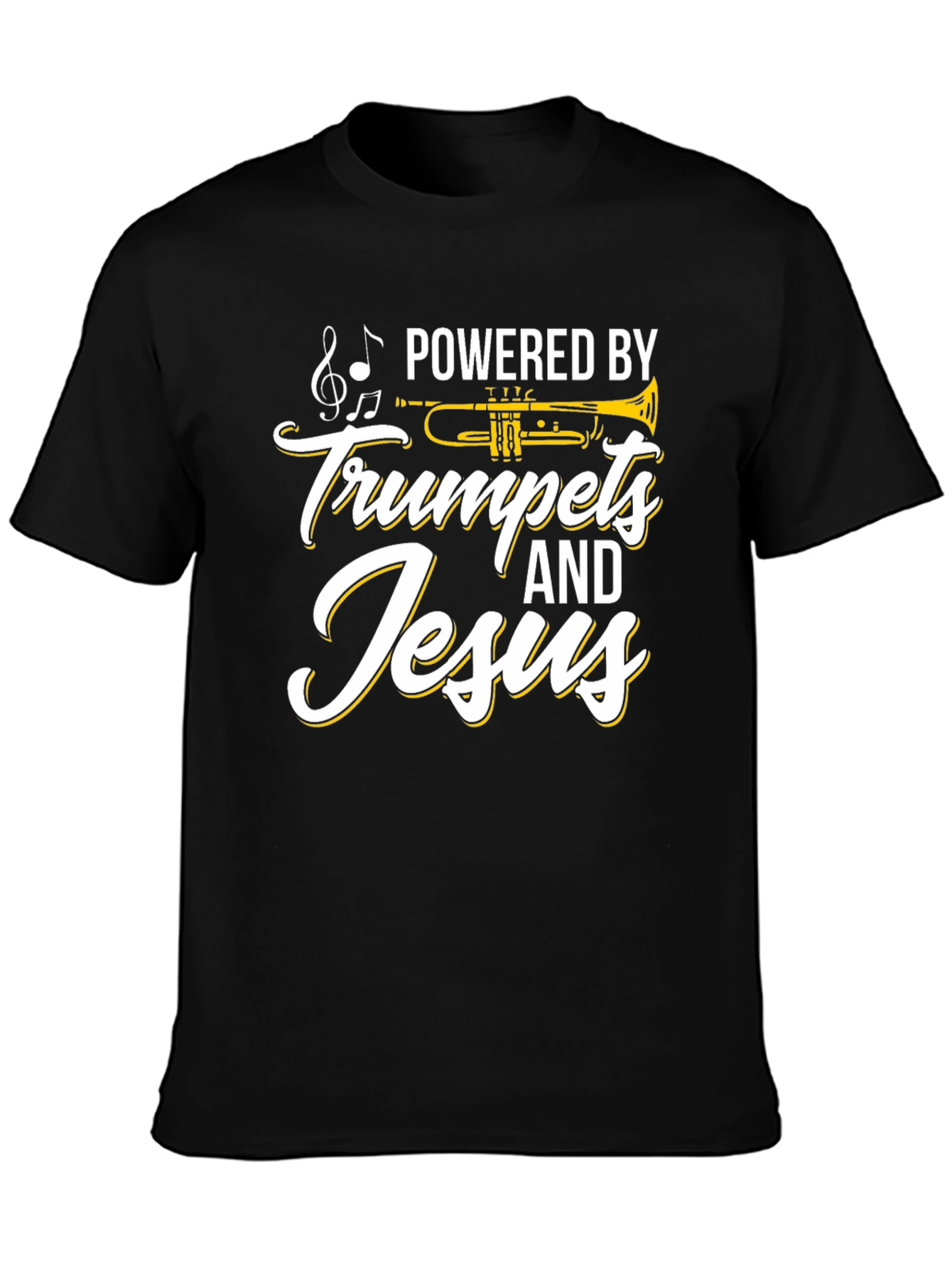 Black Powered by Trumpets & Jesus Black T-Shirt view 3
