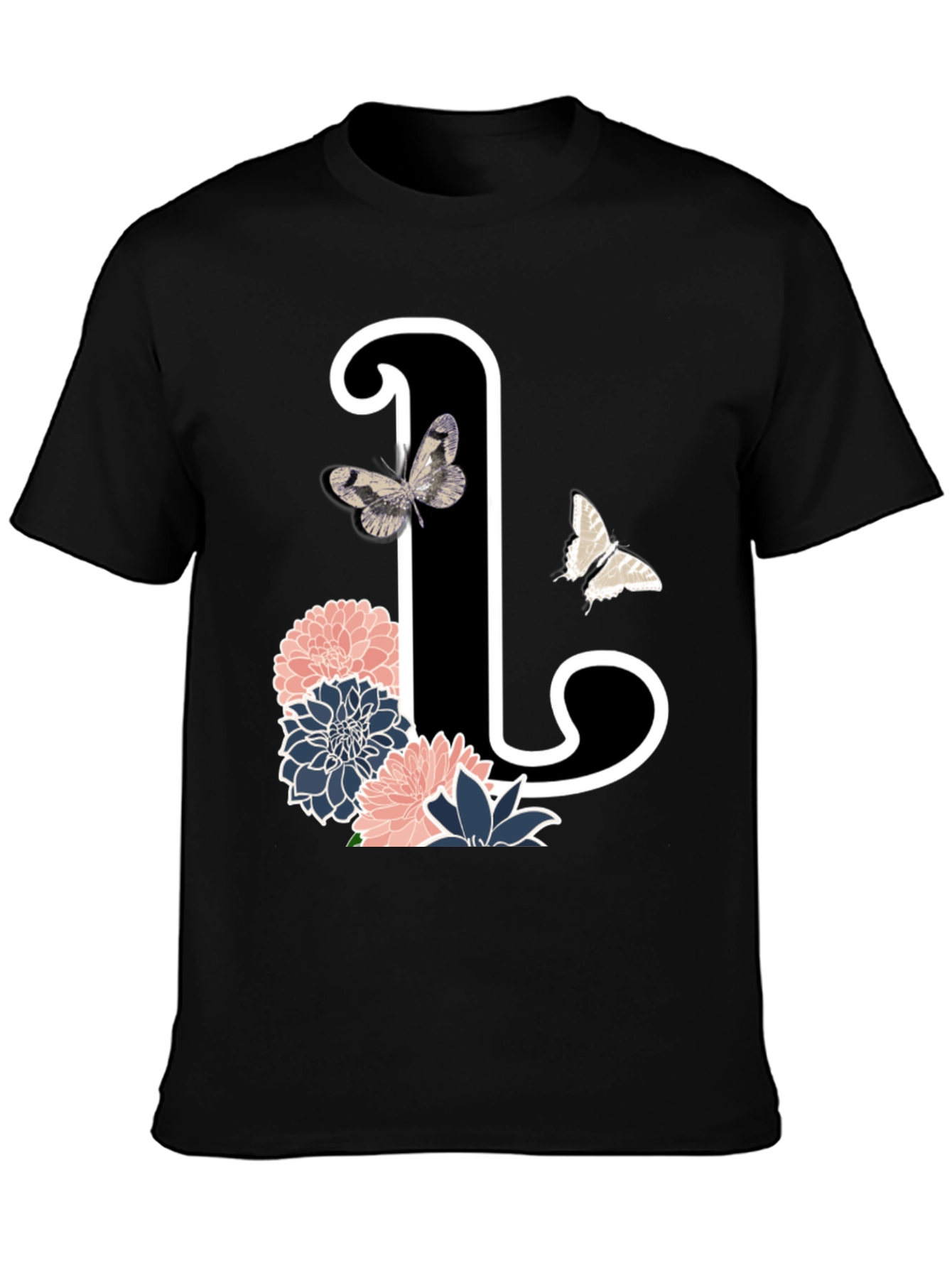 Black Floral Initial 'L' Black T-Shirt view 3