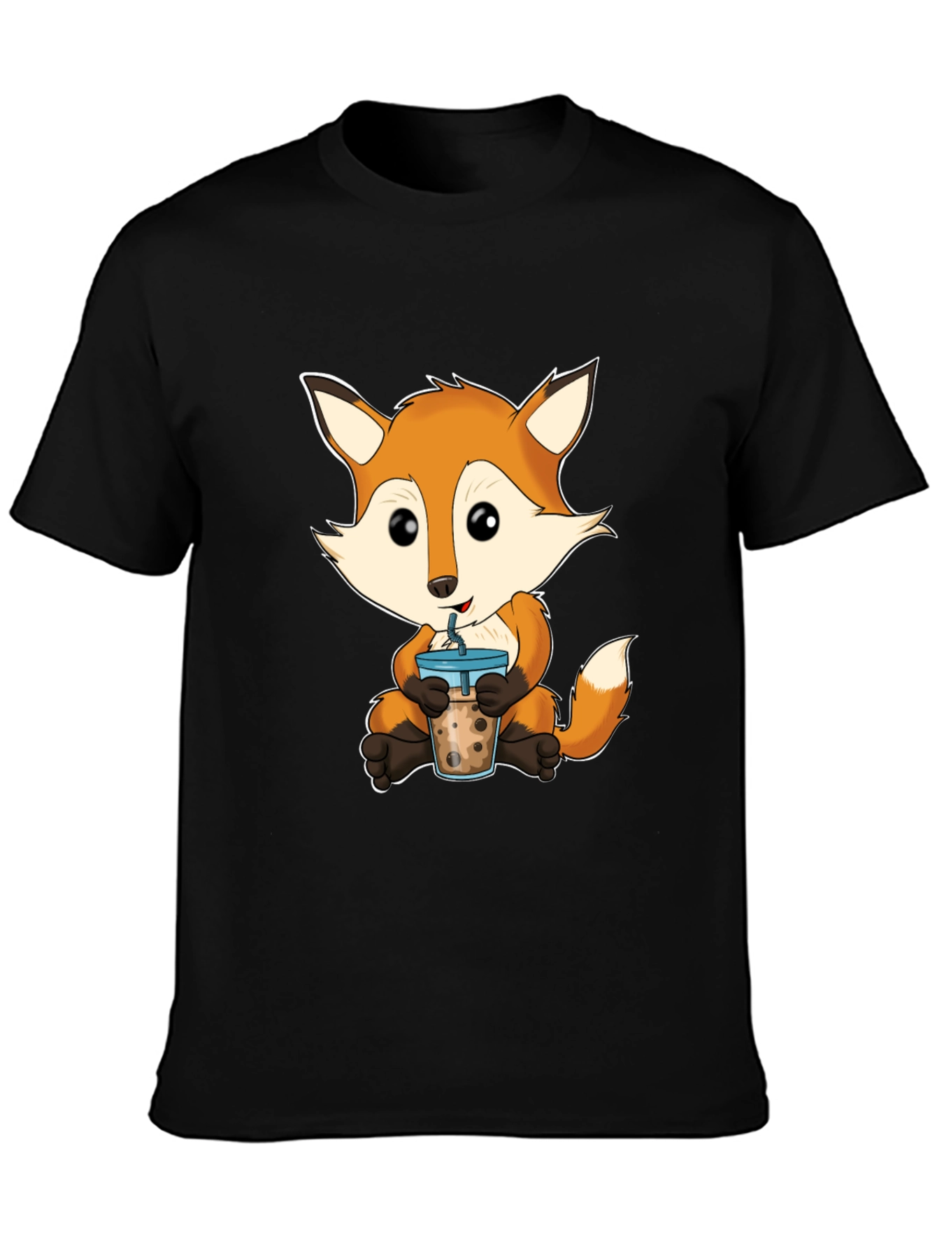 Black Cute Fox Boba Tea Graphic T-Shirt view 3