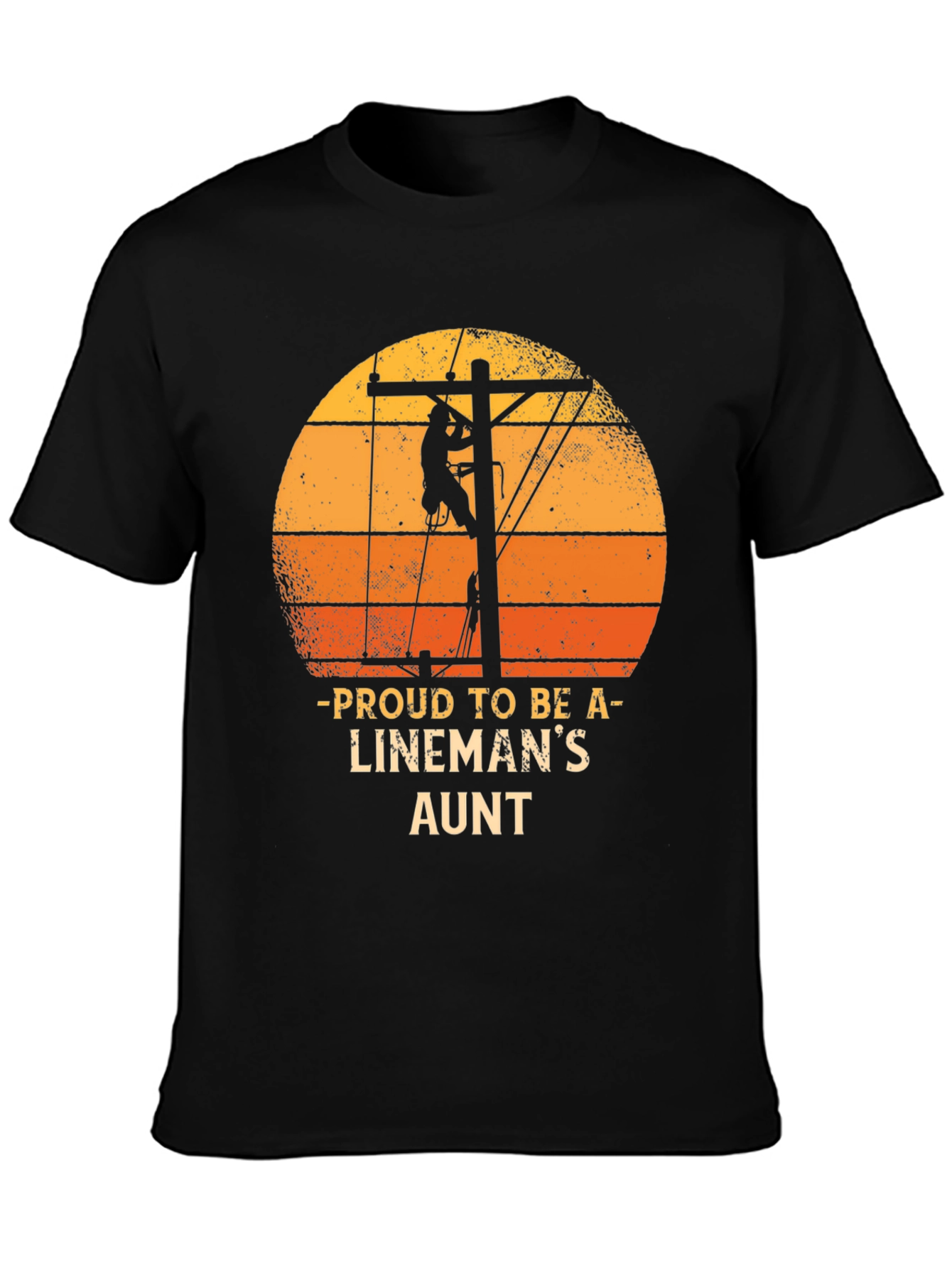 Black Proud Lineman's Aunt T-Shirt Retro Sunset Lineworker Tee view 3