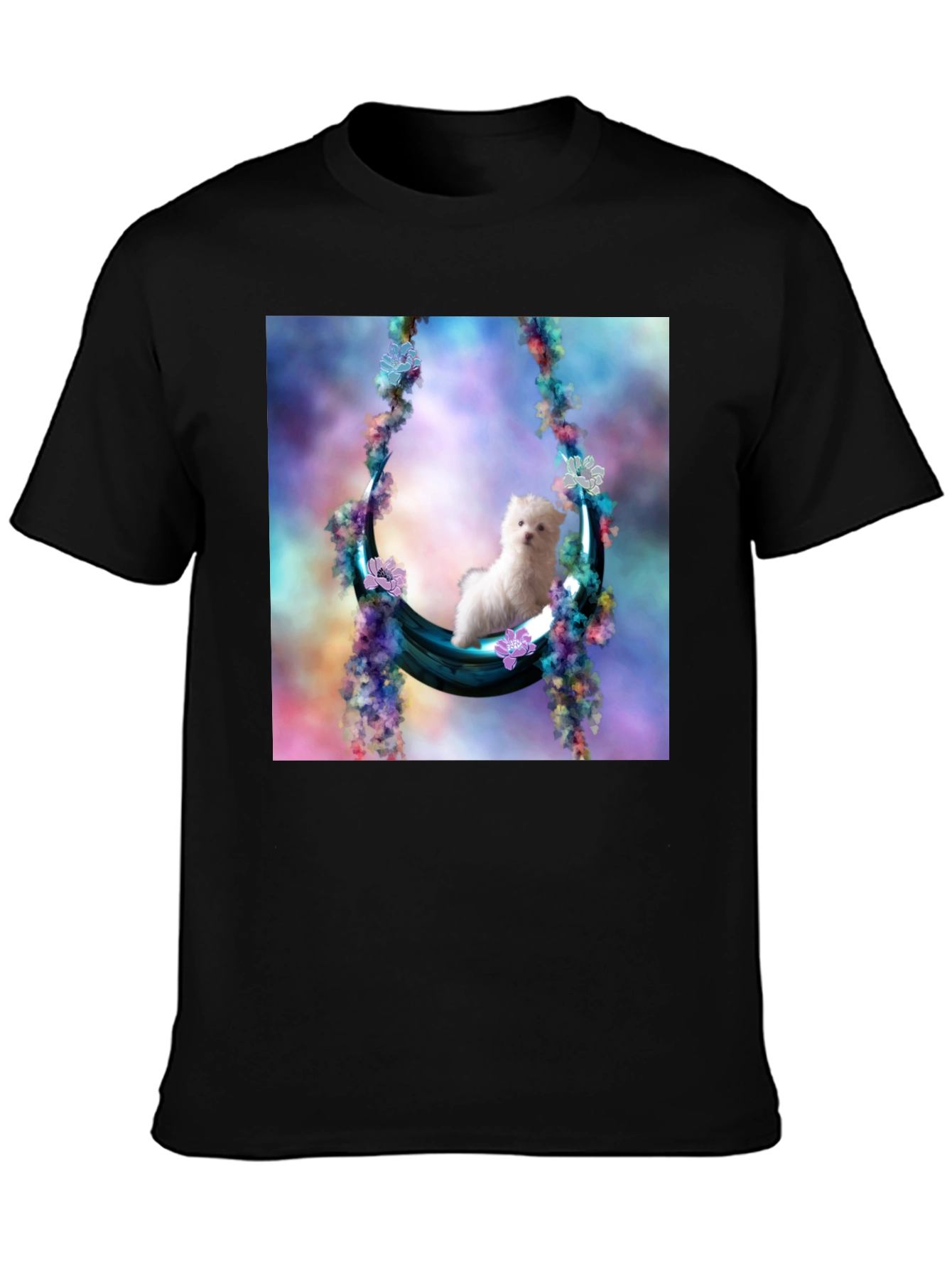 Black Cute Puppy in Floral Swing Black T-Shirt view 3