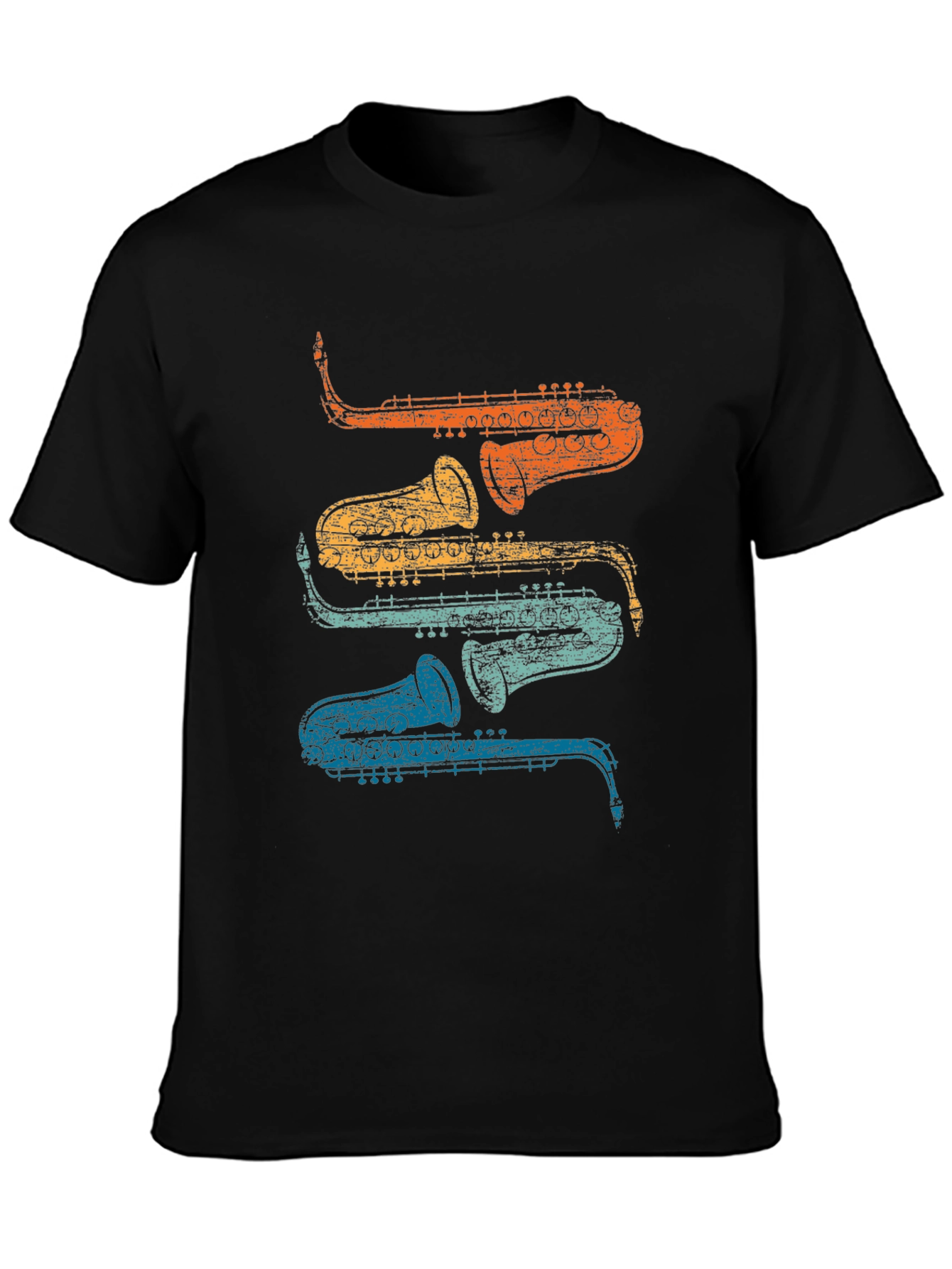 Black Retro Saxophone Stacked T-Shirt - Cool Musician Tee view 3