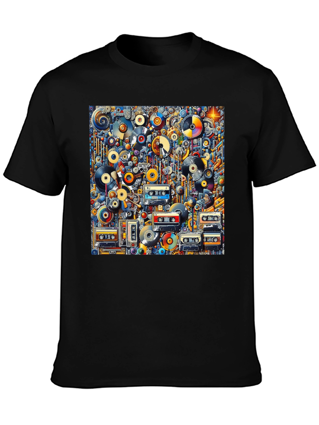 Black Retro Music T-Shirt: Vinyl, Cassettes, & Cool Design view 3