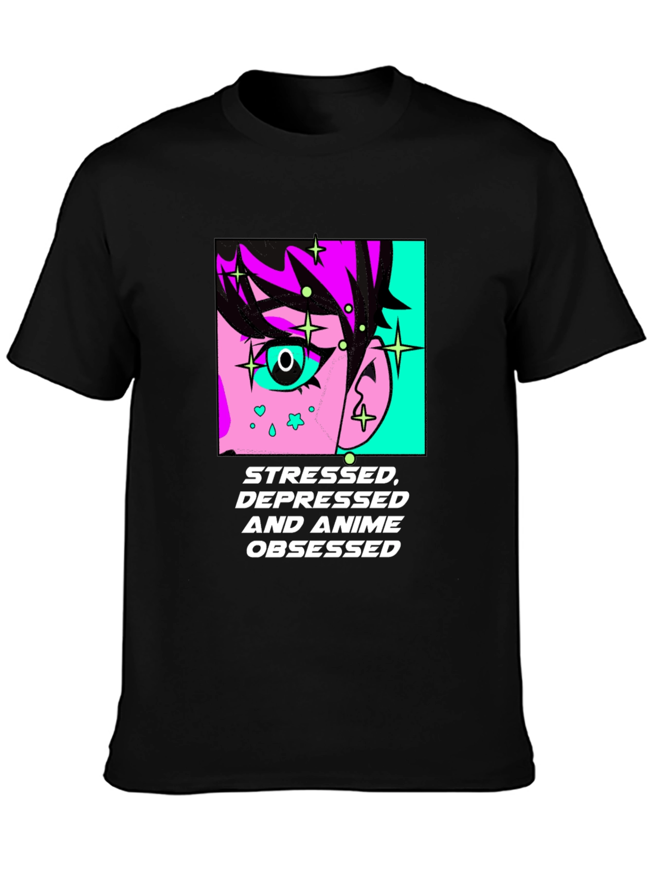 Black Stressed Depressed Anime Obsessed Black T-Shirt view 3
