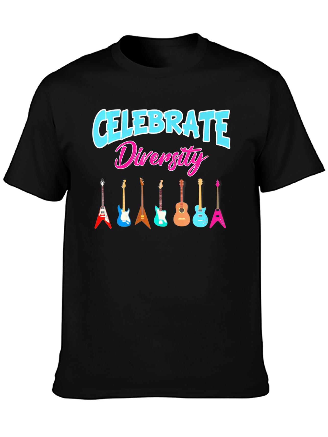 Black Celebrate Diversity Guitar Graphic T-Shirt view 3