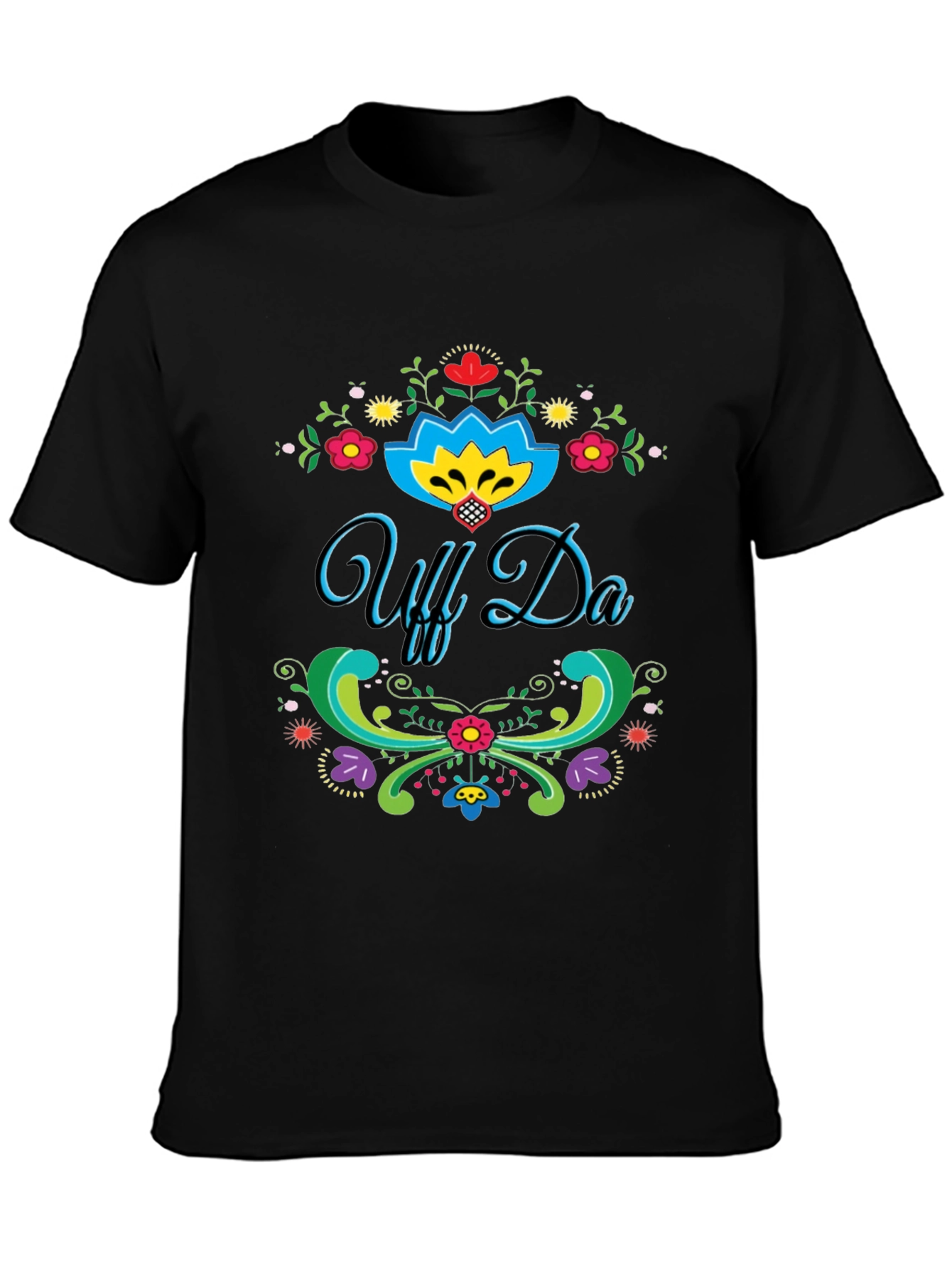 Black Uff Da! Graphic T-Shirt - Colorful Floral Design view 3