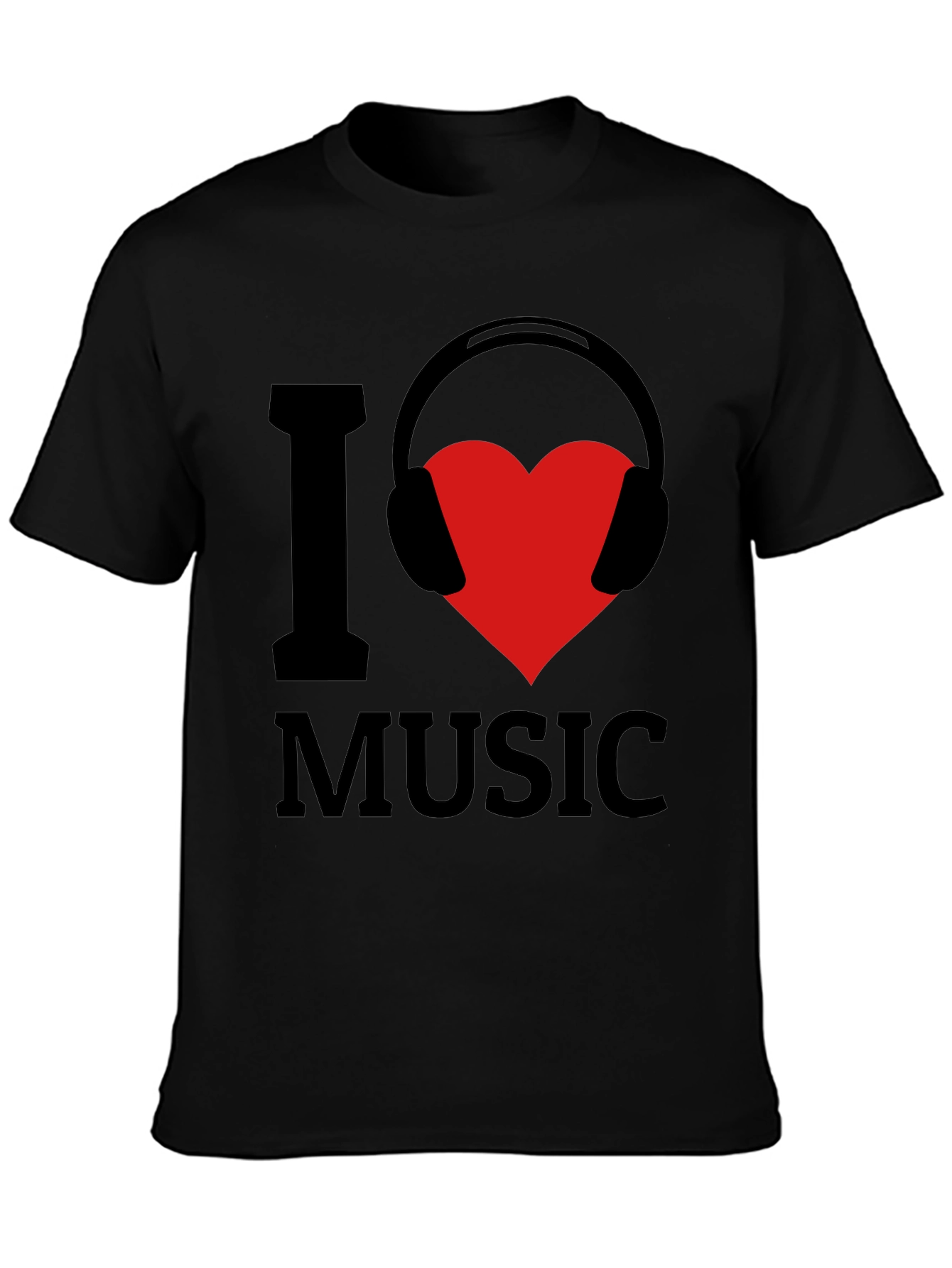 Black I Love Music T-Shirt - Heart Headphones Graphic Tee view 3