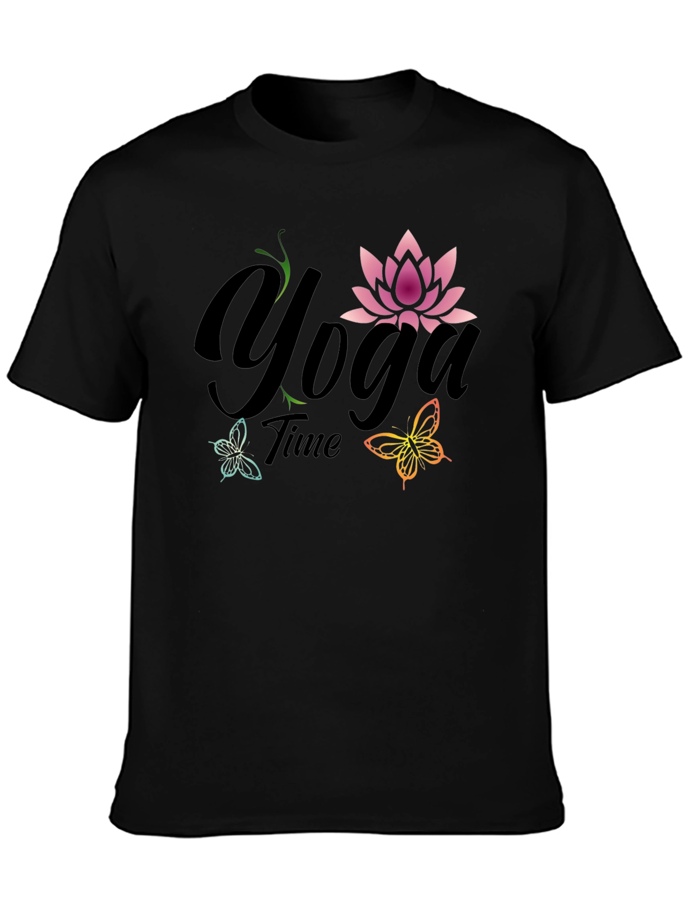 Black Yoga Time T-Shirt - Lotus Flower Butterfly Tee view 3