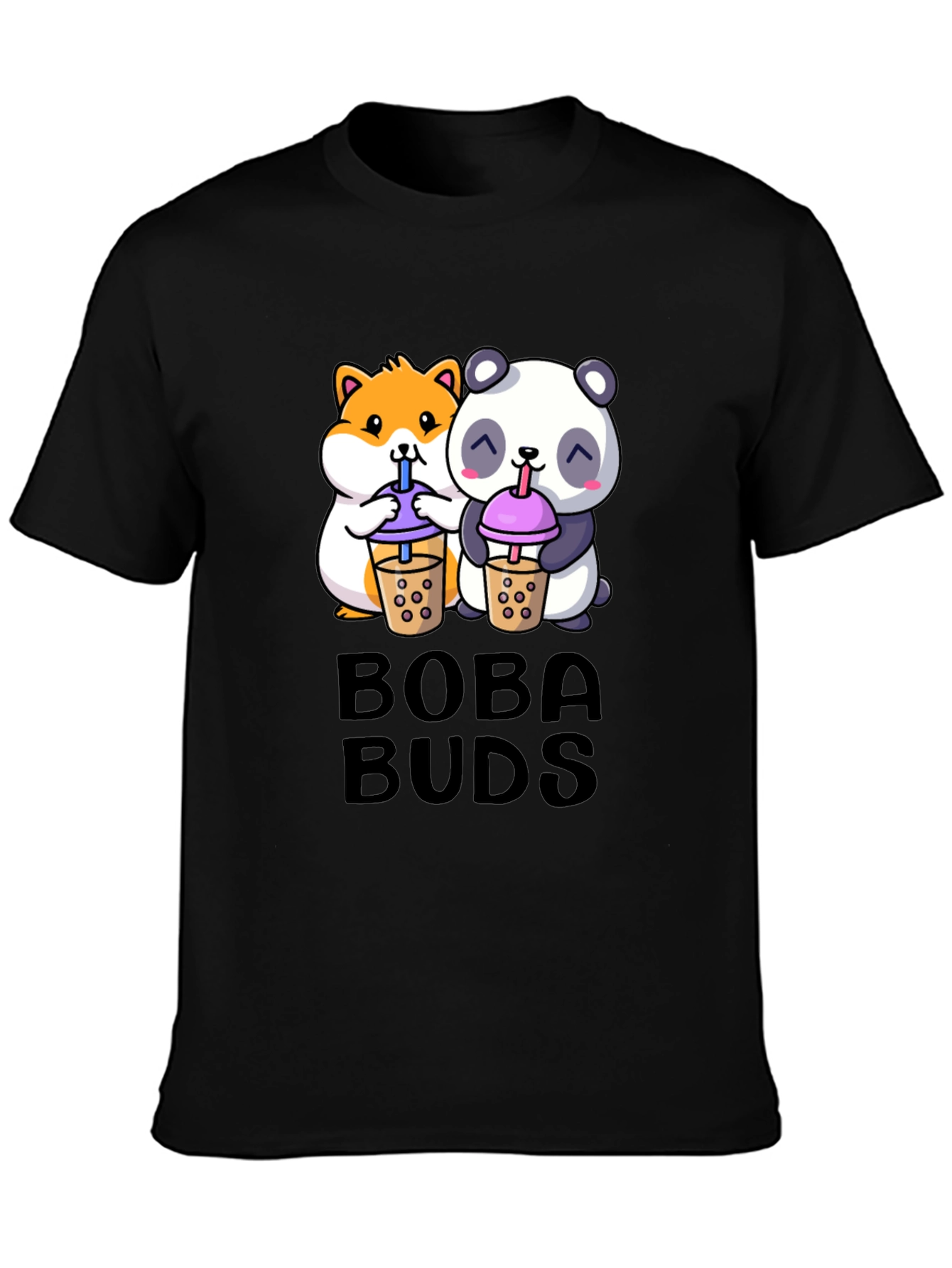 Black Boba Buds Graphic Tee - Cute Panda & Hamster Boba Design view 3