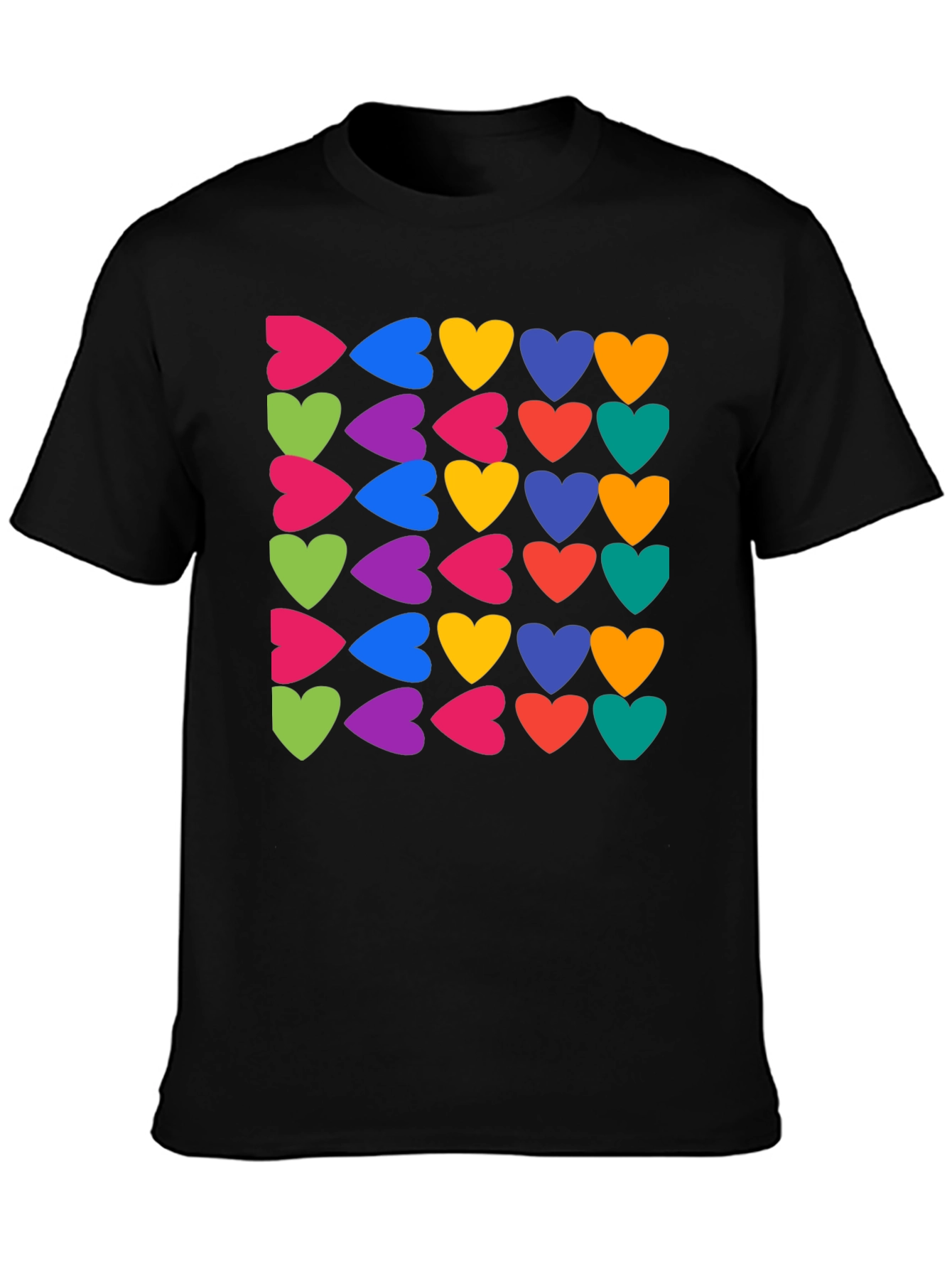 Black Colorful Hearts Pattern Black T-Shirt view 3