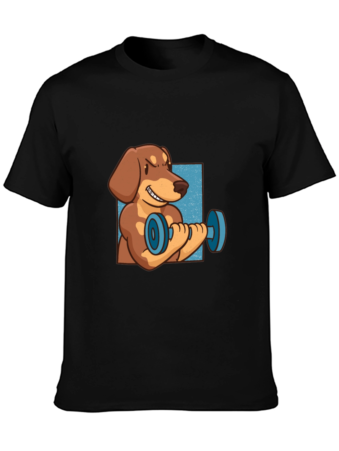 Black Funny Dachshund Lifting Dumbbell T-Shirt view 3