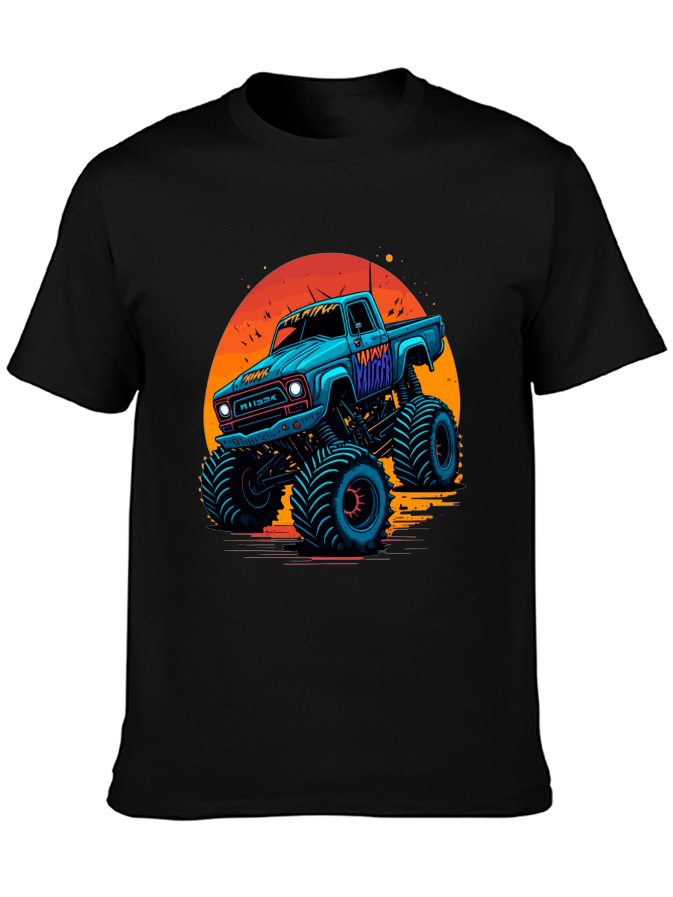 Black Monster Truck Graphic Tee - Retro Sunset Design view 3