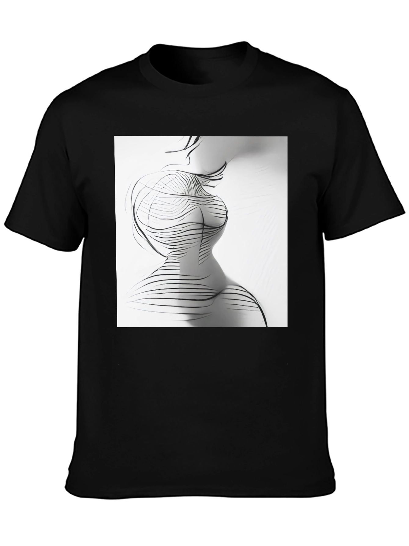 Black Abstract Line Art Print Black Crew Neck T-Shirt view 3