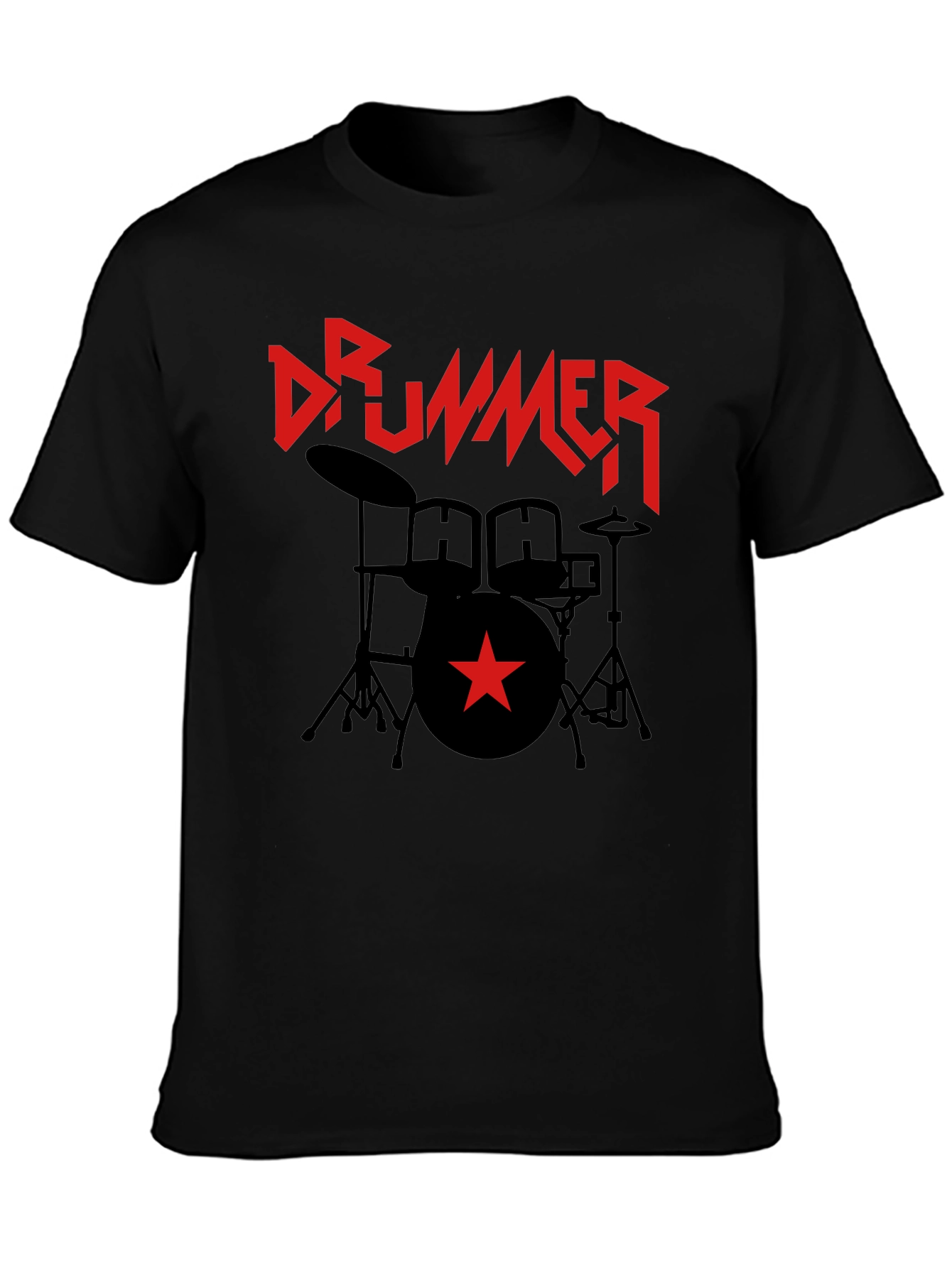 Black Drummer T-Shirt - Black Graphic Tee with Red Star & Drum Set view 3